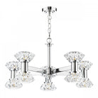 A contemporary chrome chandelier featuring six sparkling crystal shades for elegant lighting.