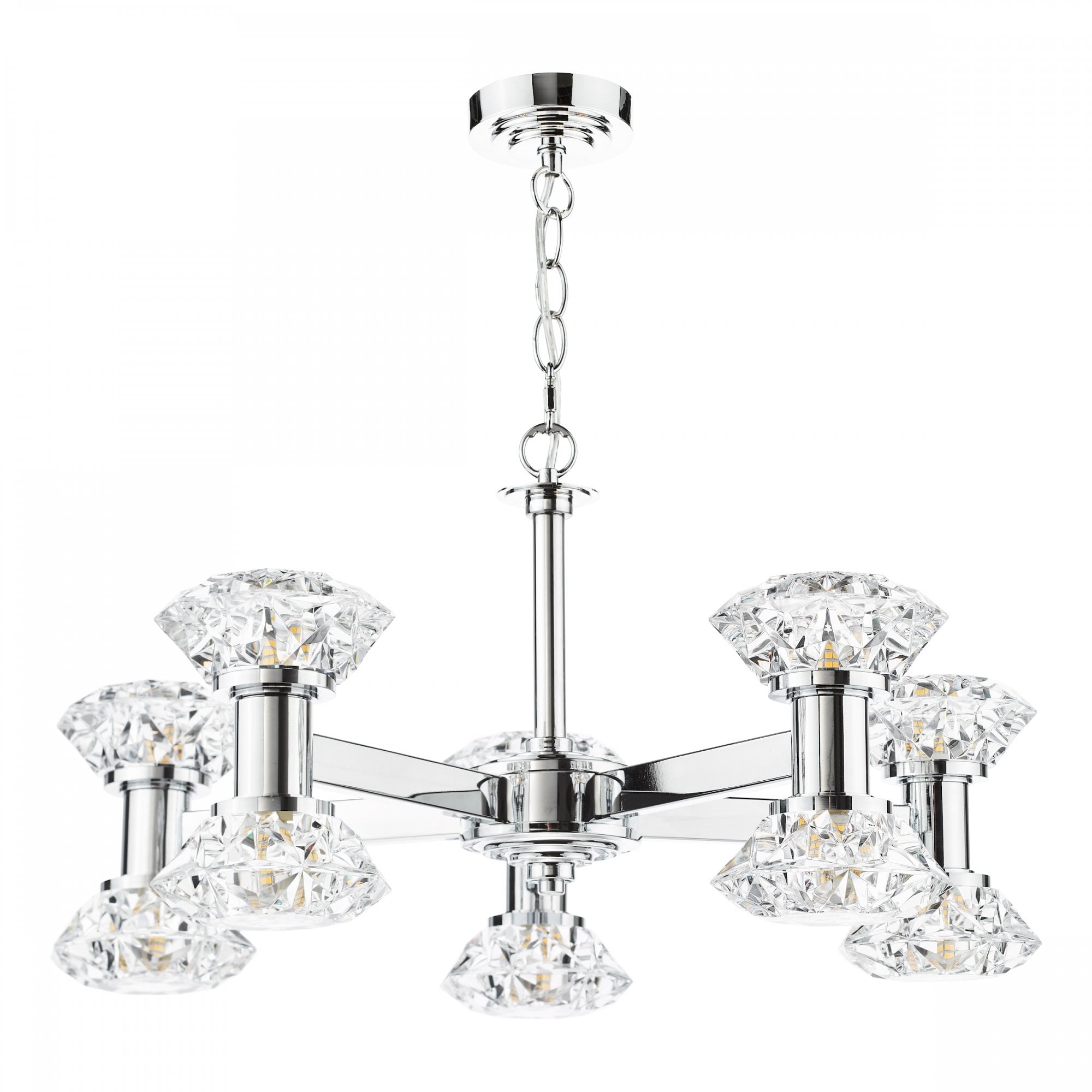 A contemporary chrome chandelier featuring six sparkling crystal shades for elegant lighting.