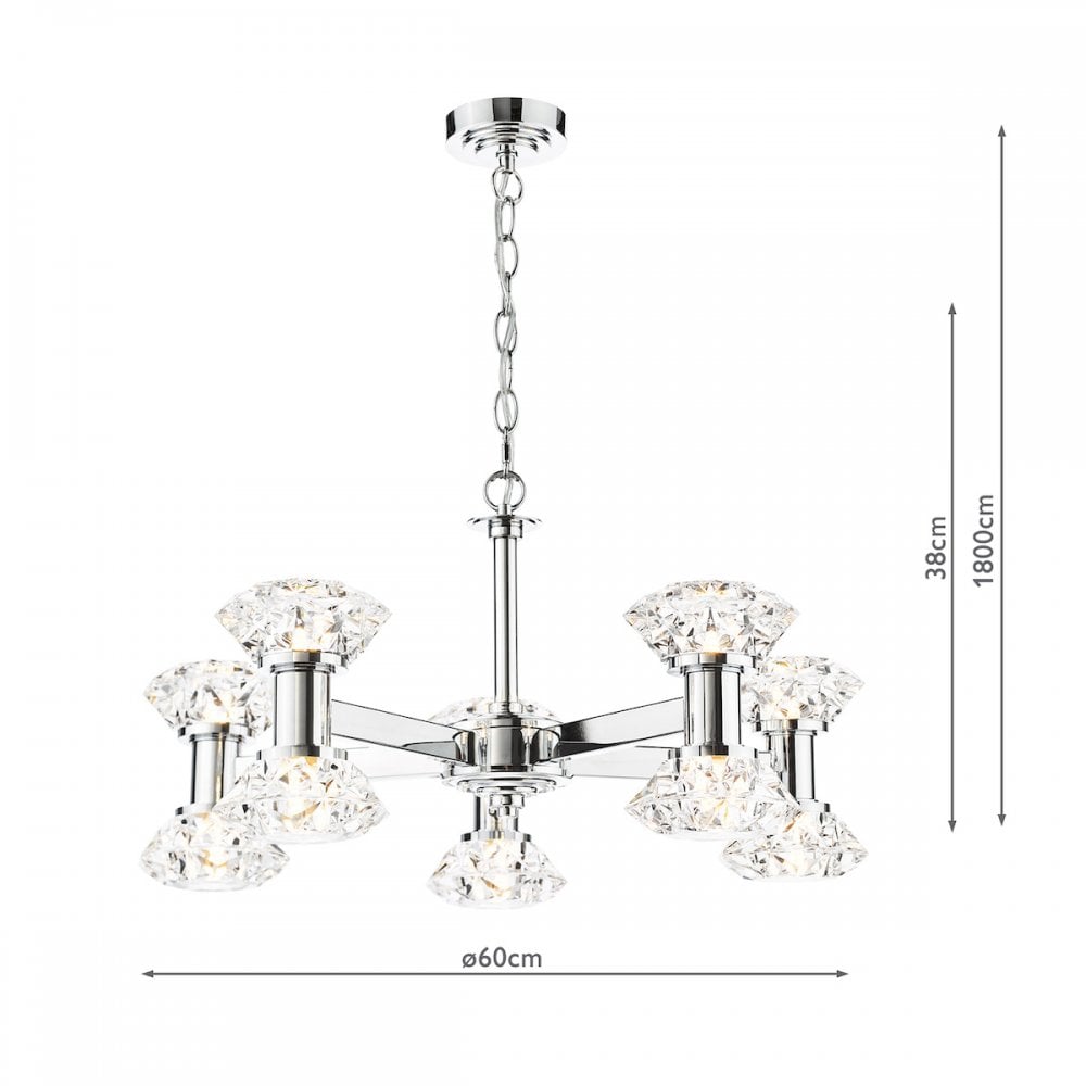 A chrome chandelier with crystal shades, including dimensions: 60cm diameter and 180cm height.