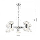 A chrome chandelier with crystal shades, including dimensions: 60cm diameter and 180cm height.