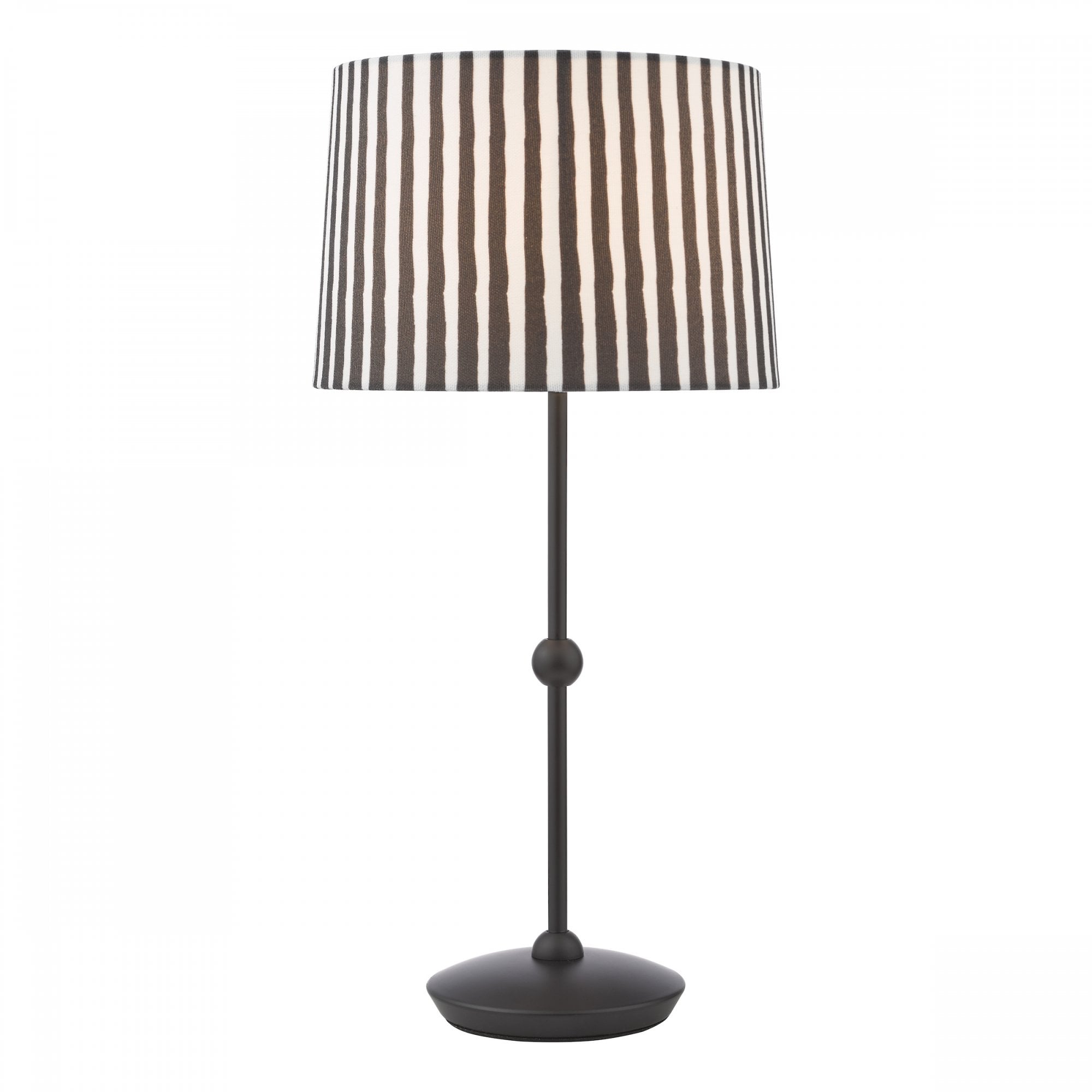 A modern black table lamp with a striped white and black shade.
