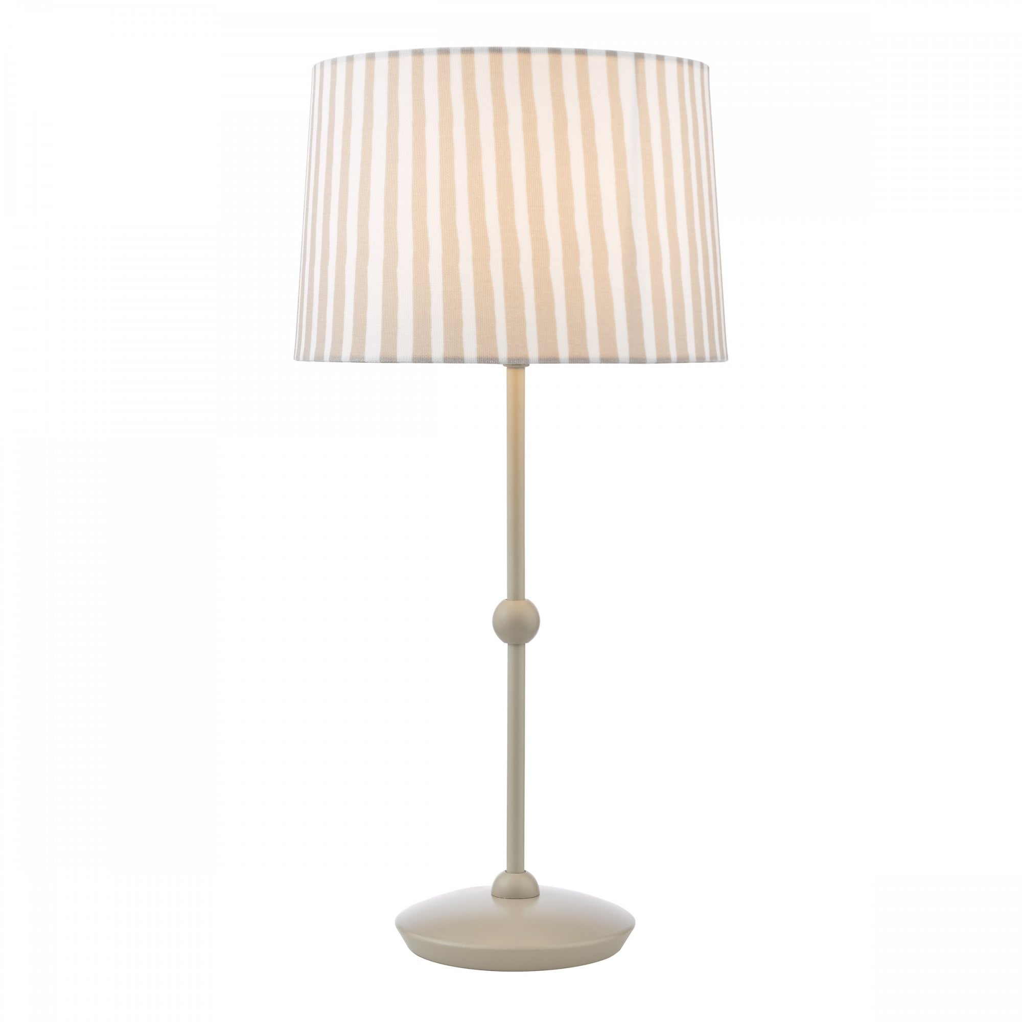 A modern neutral beige table lamp with a pleated striped lampshade on a white background.