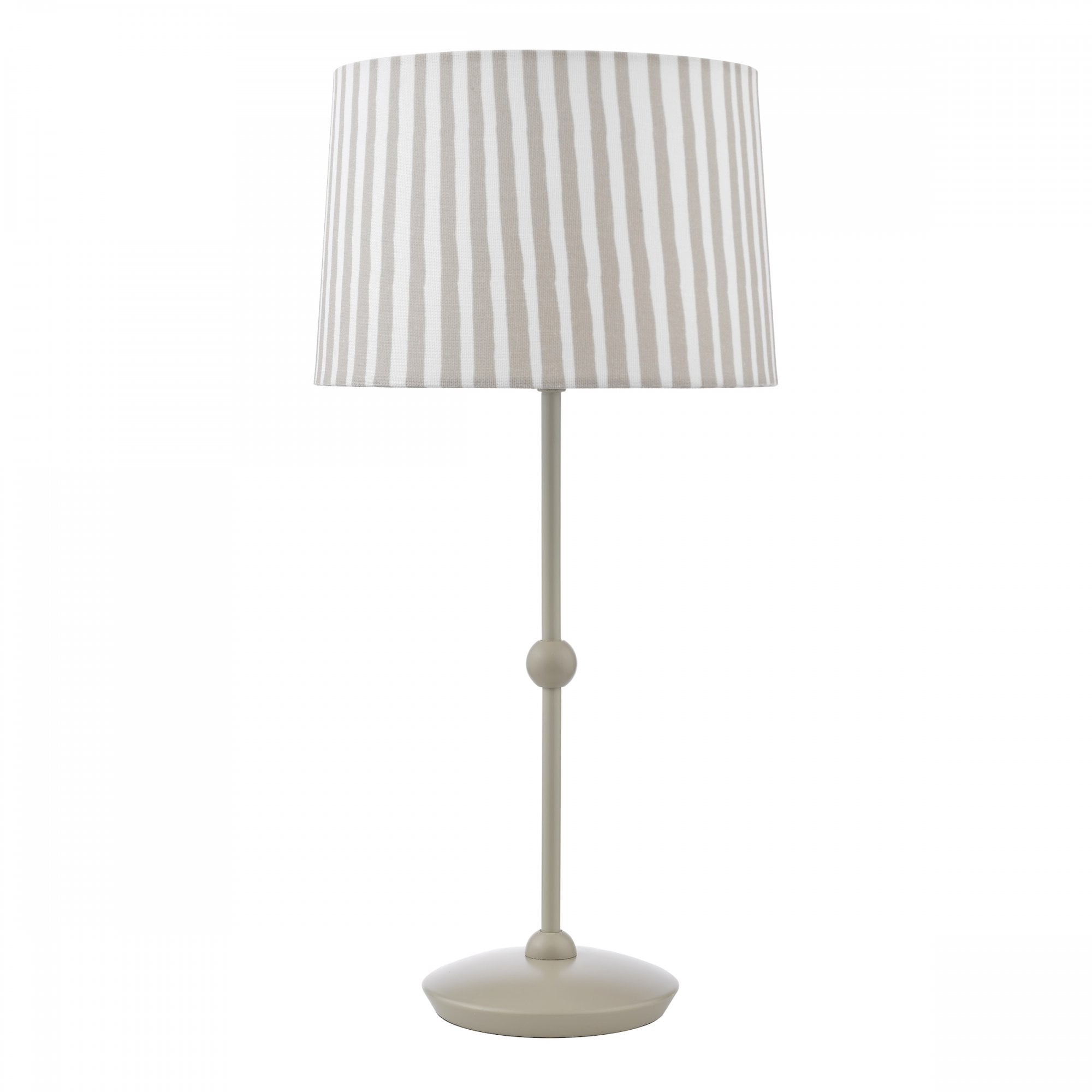 A modern neutral beige table lamp with a pleated striped lampshade on a white background.