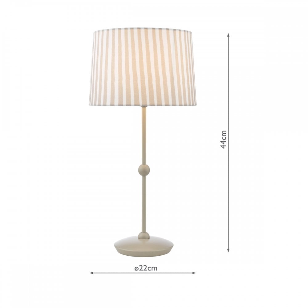 A beige table lamp with a striped pleated shade, showing height and base dimensions.
