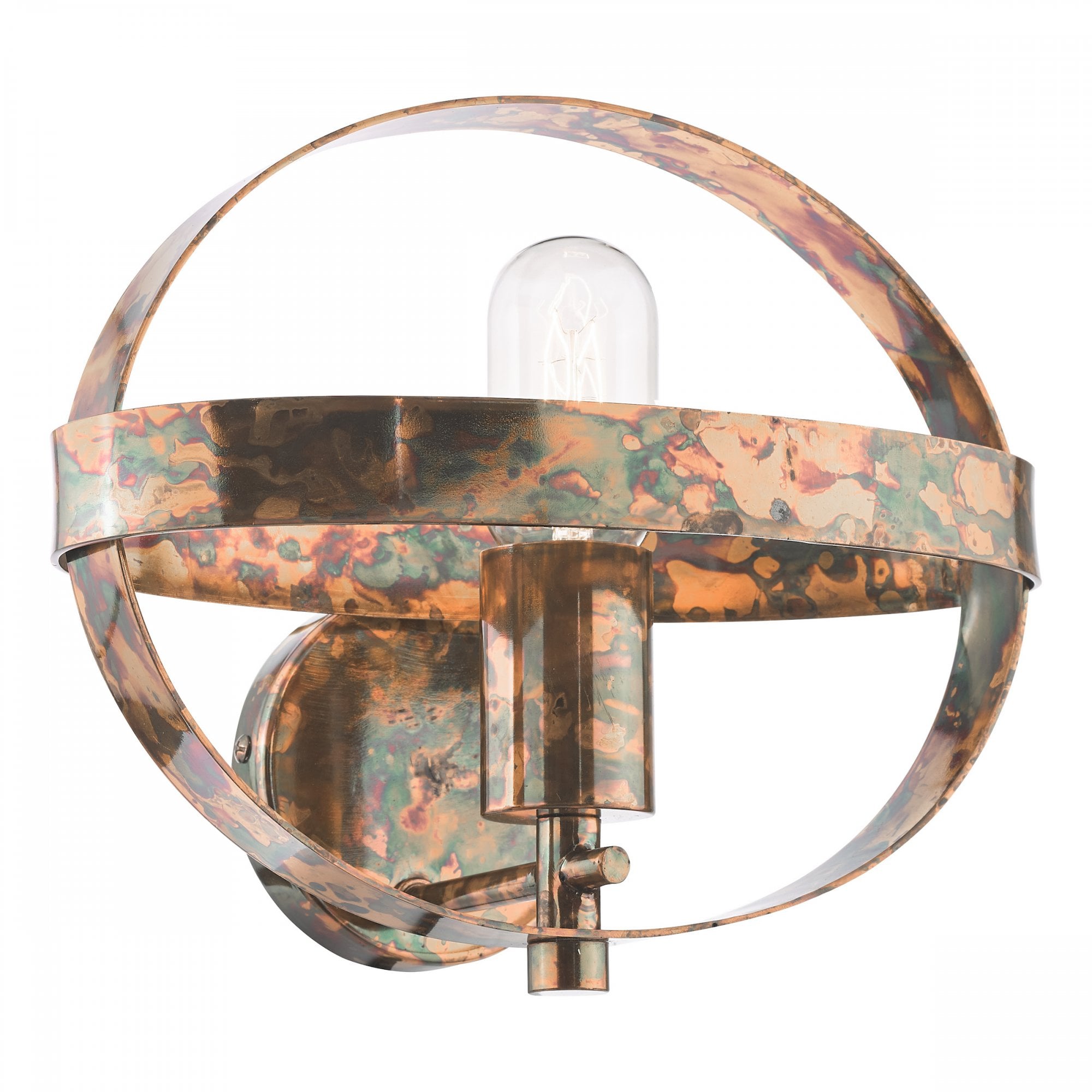 A close-up shot of the aged copper indoor wall light.