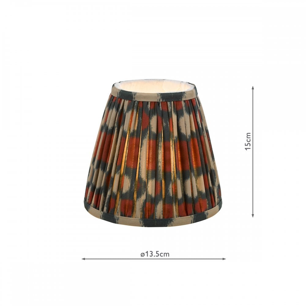 Pleated ikat lampshade in rust and gray with dimensions for height and diameter.