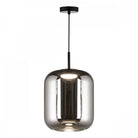 A modern pendant light with a smoked glass shade on a white background.