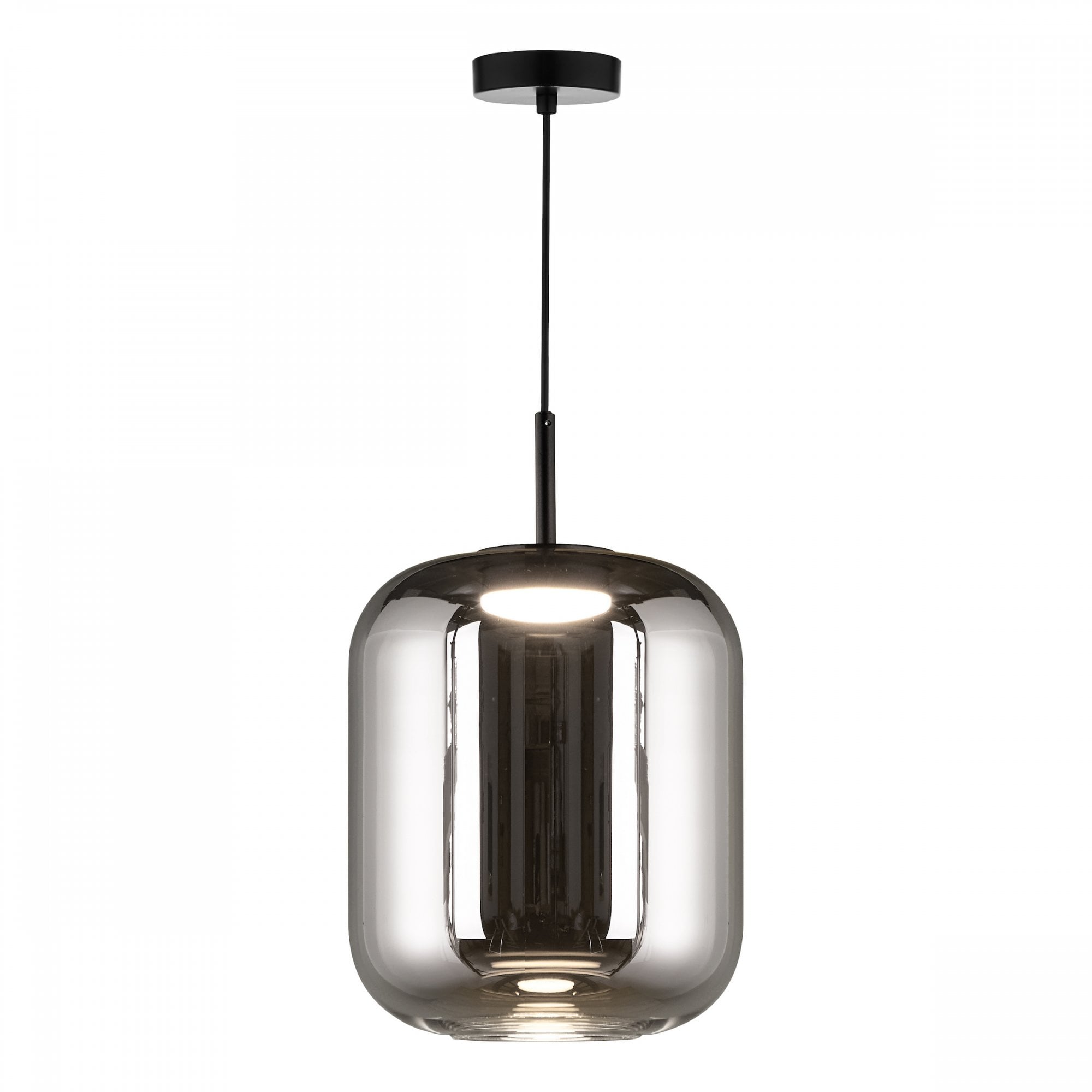 A modern pendant light with a smoked glass shade on a white background.