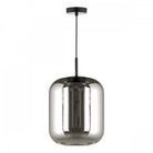 A modern pendant light with a reflective smoked glass shade on a white background.