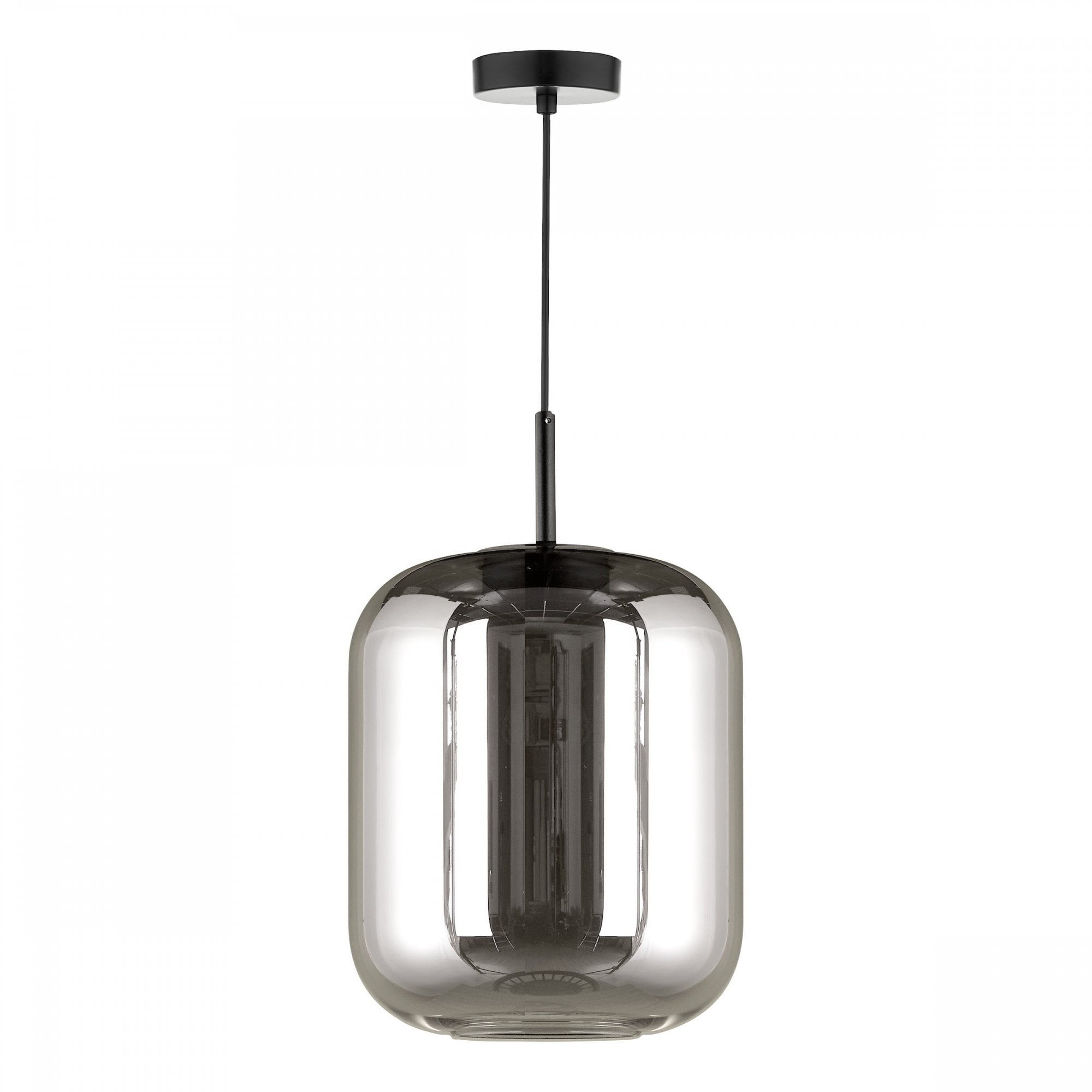 A modern pendant light with a reflective smoked glass shade on a white background.