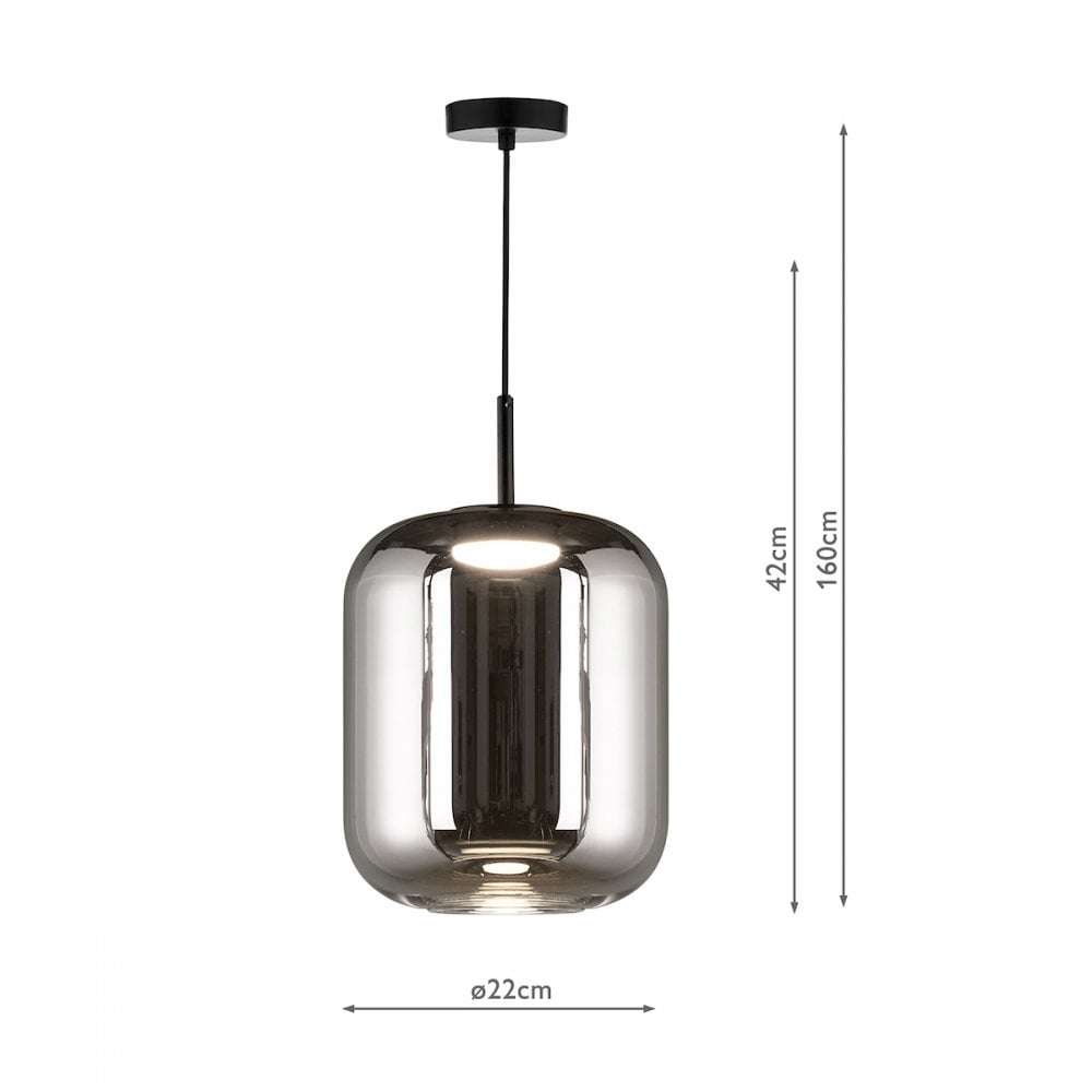 A pendant light with a smoked glass shade and dimensions labeled.