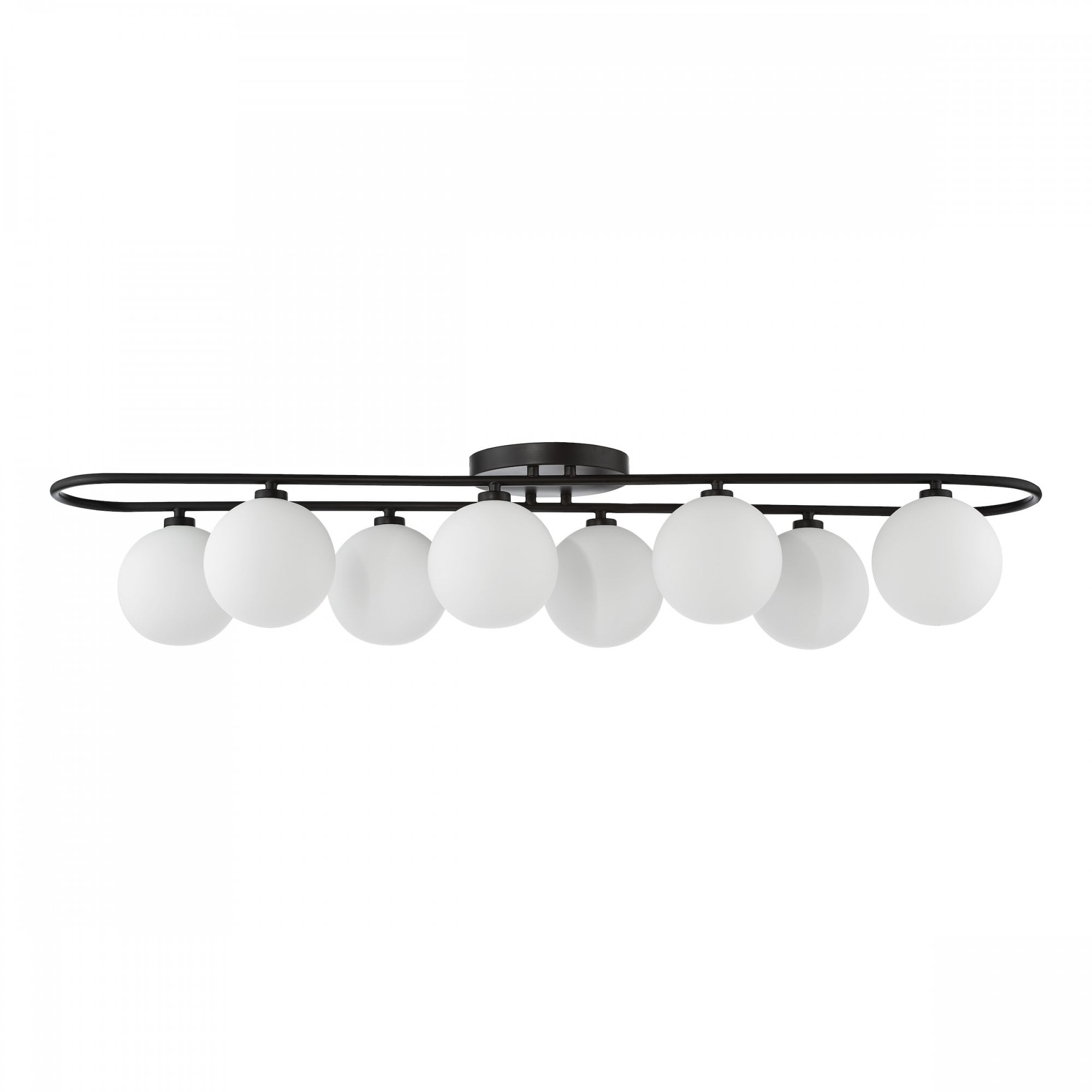Eight opaque white globe lights hang from an oval-shaped black metal rod.