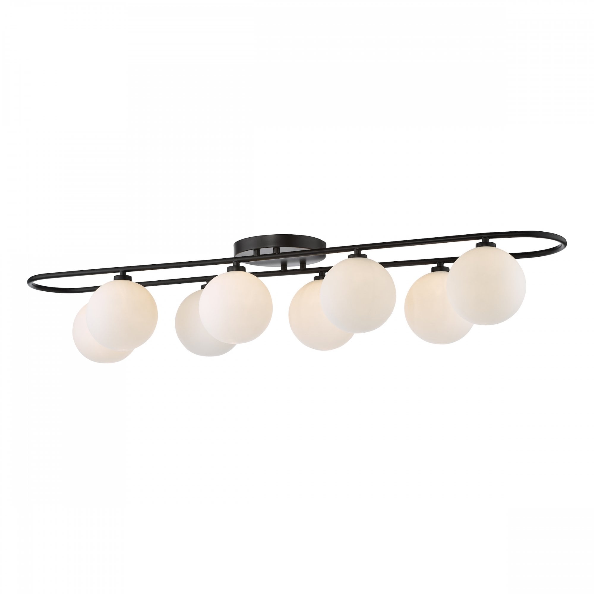 Eight opaque white globe lights hang from an oval-shaped black metal rod.