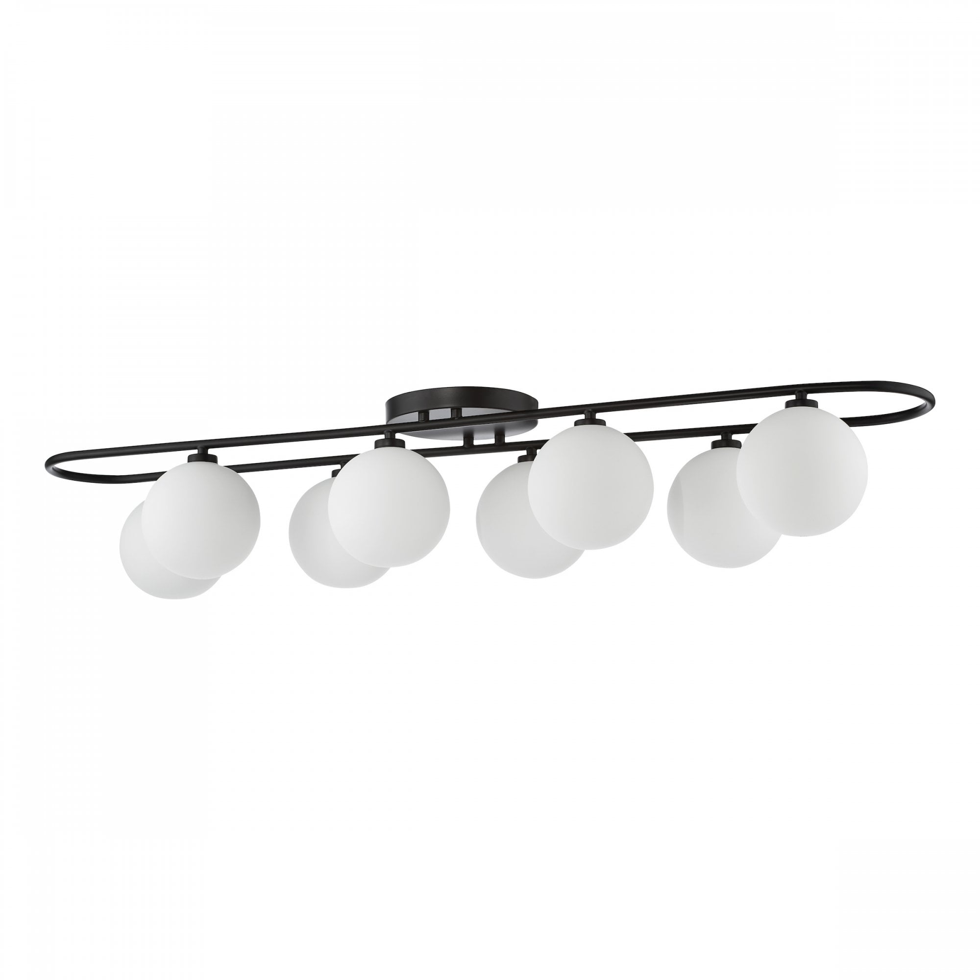 Eight opaque white globe lights hang from an oval-shaped black metal rod.