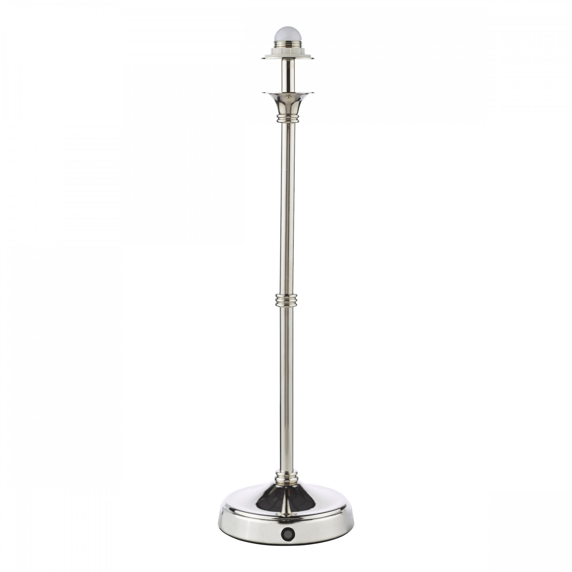 A polished nickel table lamp base without a shade, against a white background.