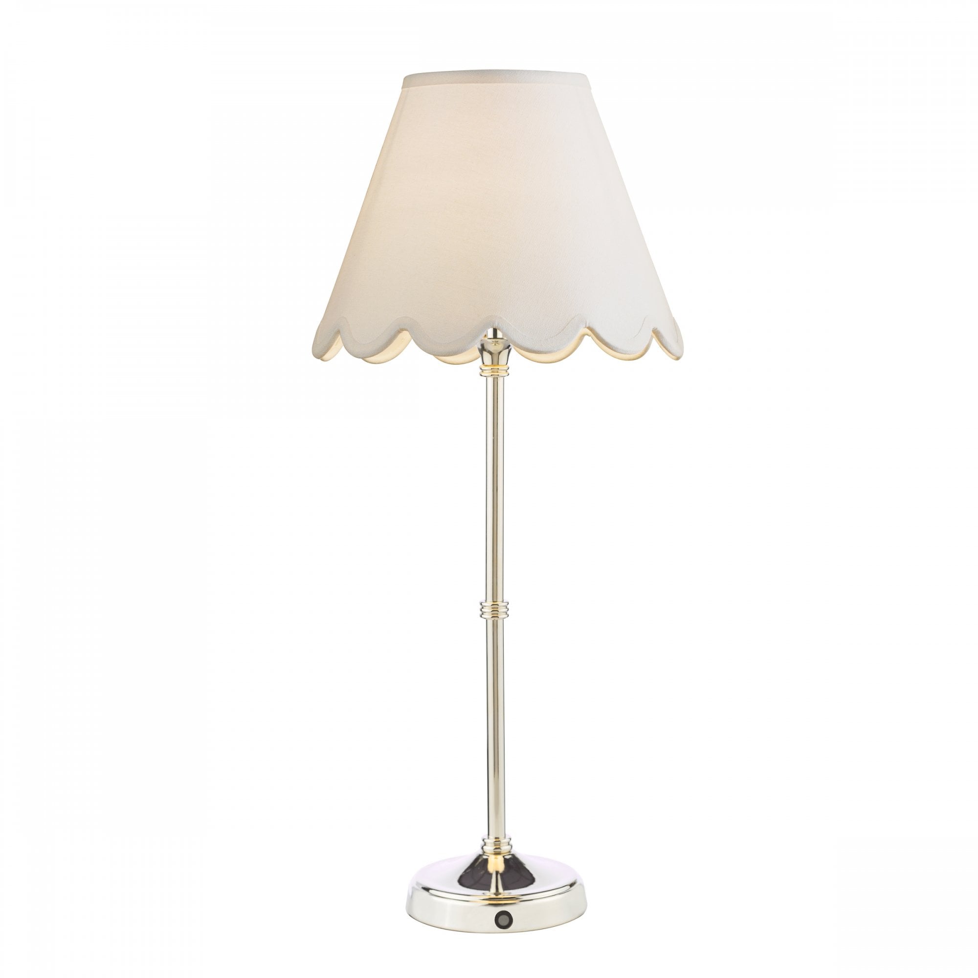 A polished nickel table lamp with a white scalloped lampshade against a white background.