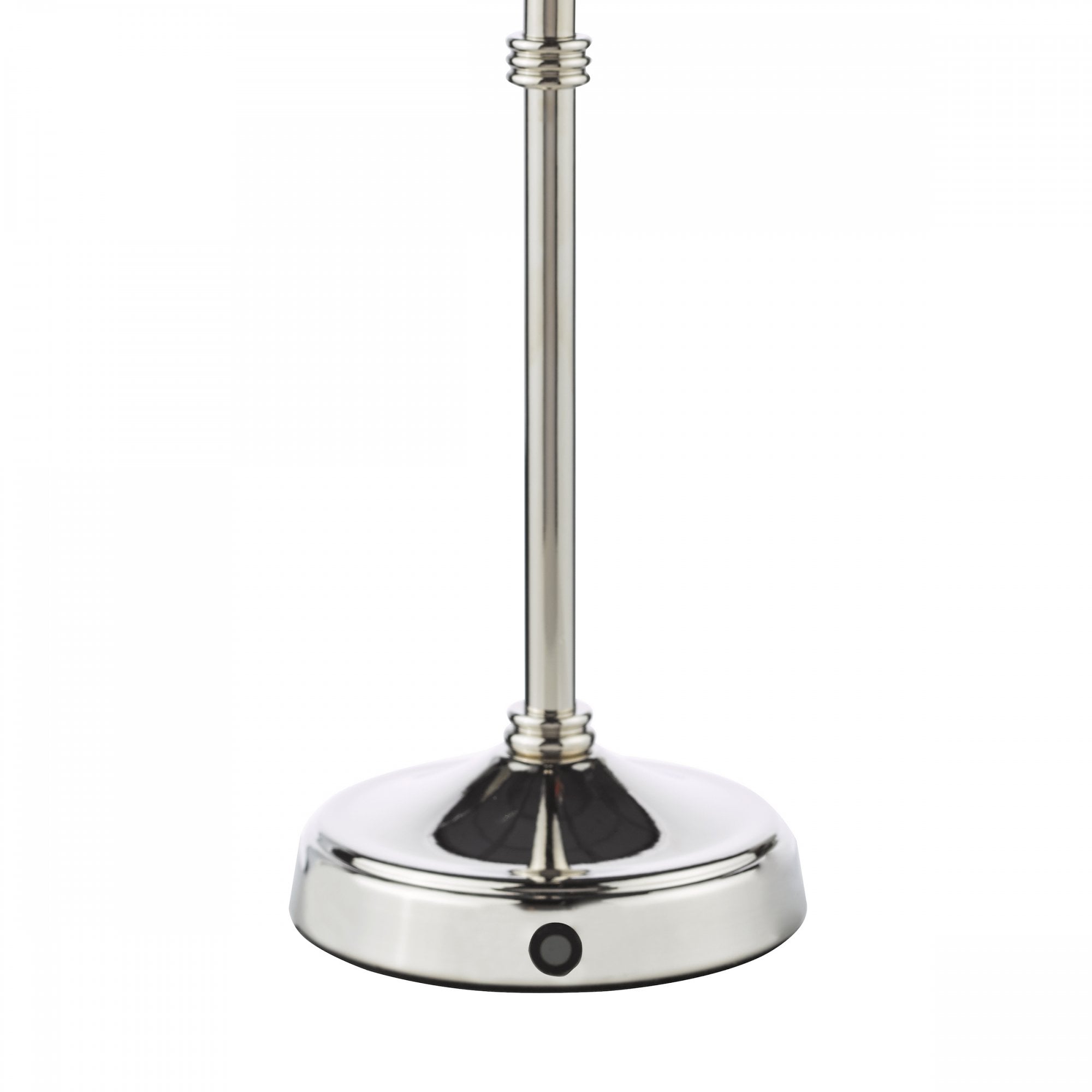 The polished nickel base of a table lamp with a dimmer switch.