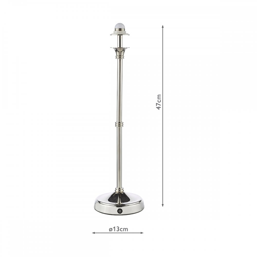 A polished nickel table lamp base with its height and base diameter dimensions.