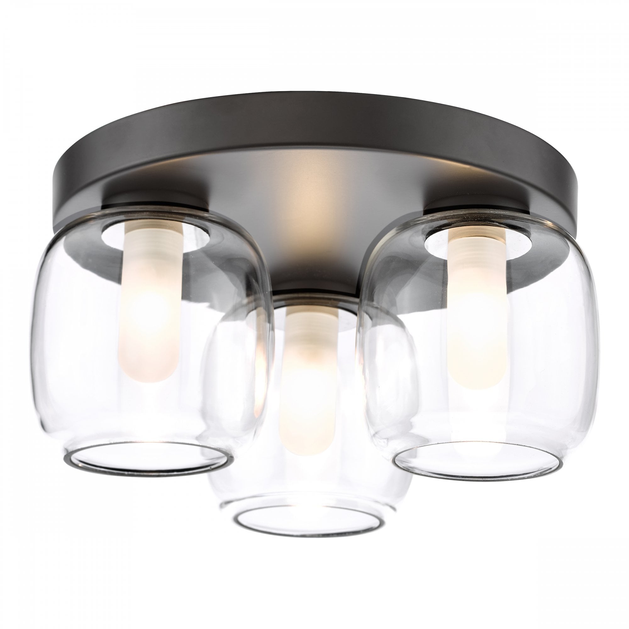 A close-up of a three-light flush mount ceiling fixture with clear glass shades.