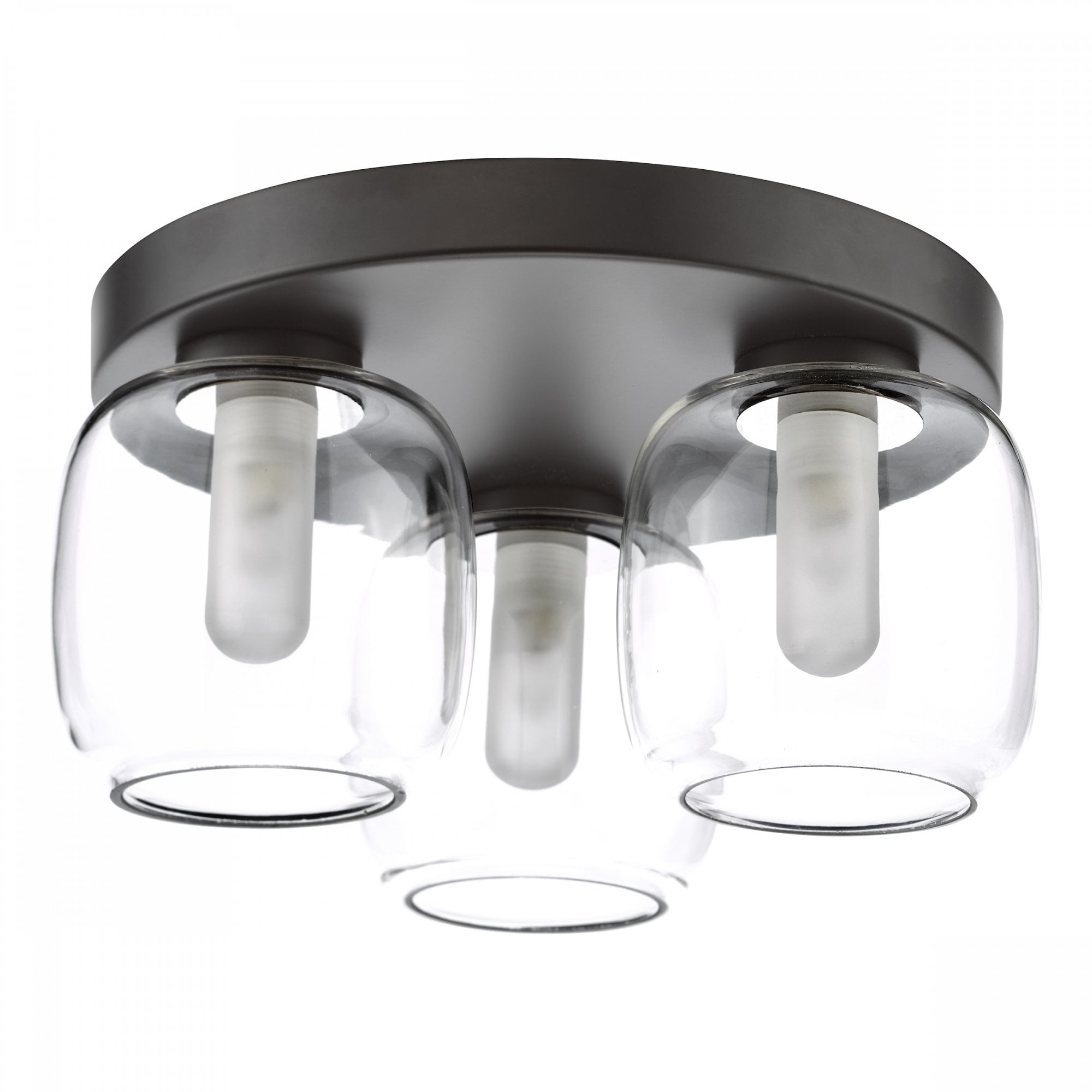 A close-up of a three-light flush mount ceiling fixture with clear glass shades.