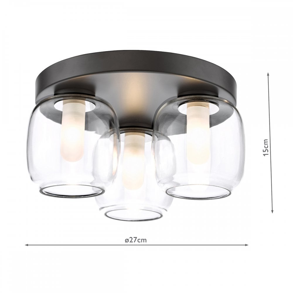A three-light flush mount ceiling fixture with clear glass shades, showing dimensions of 27cm x 15cm.