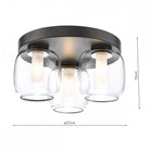 A three-light flush mount ceiling fixture with clear glass shades, showing dimensions of 27cm x 15cm.