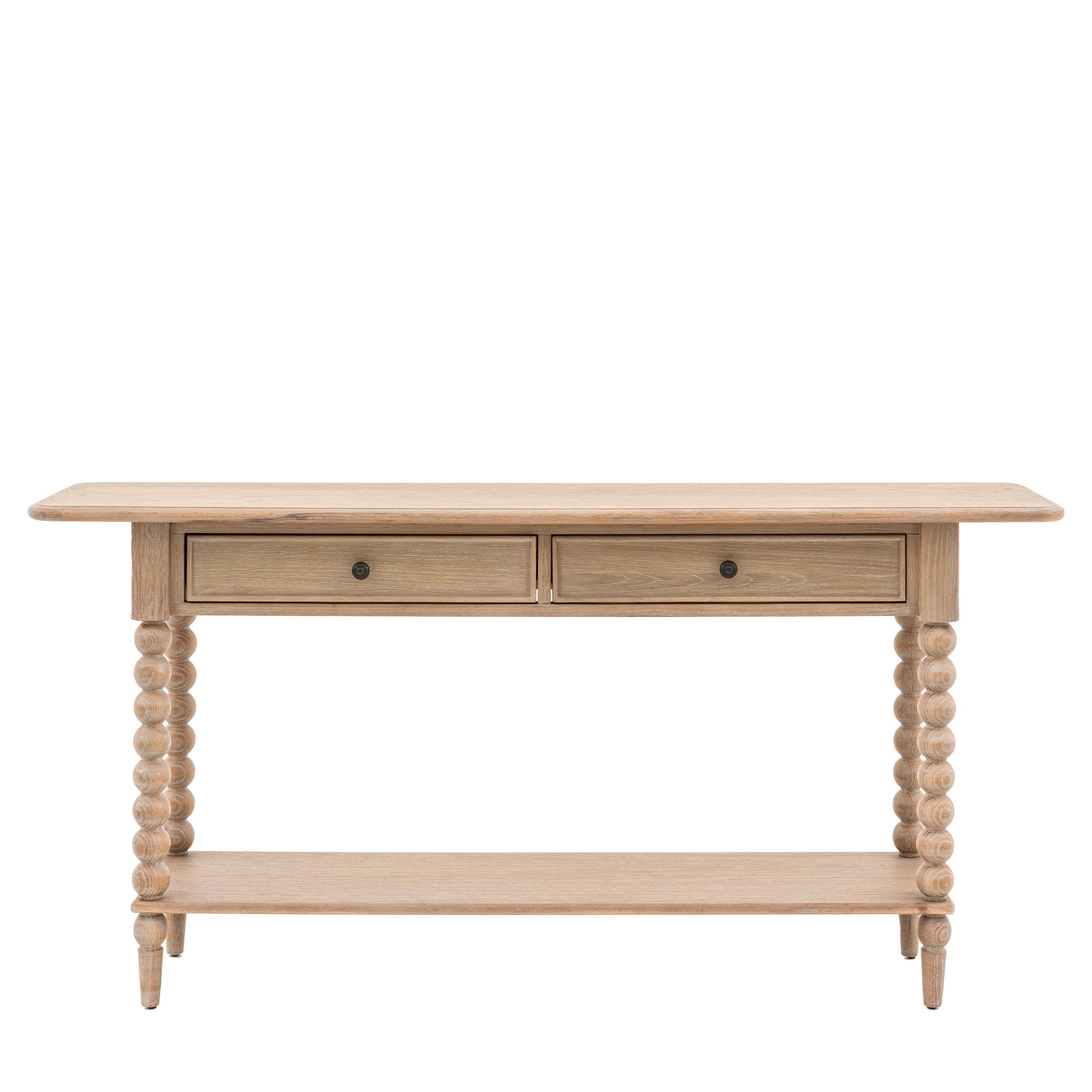 Front view of a light wood console table with two drawers and bobbin legs.