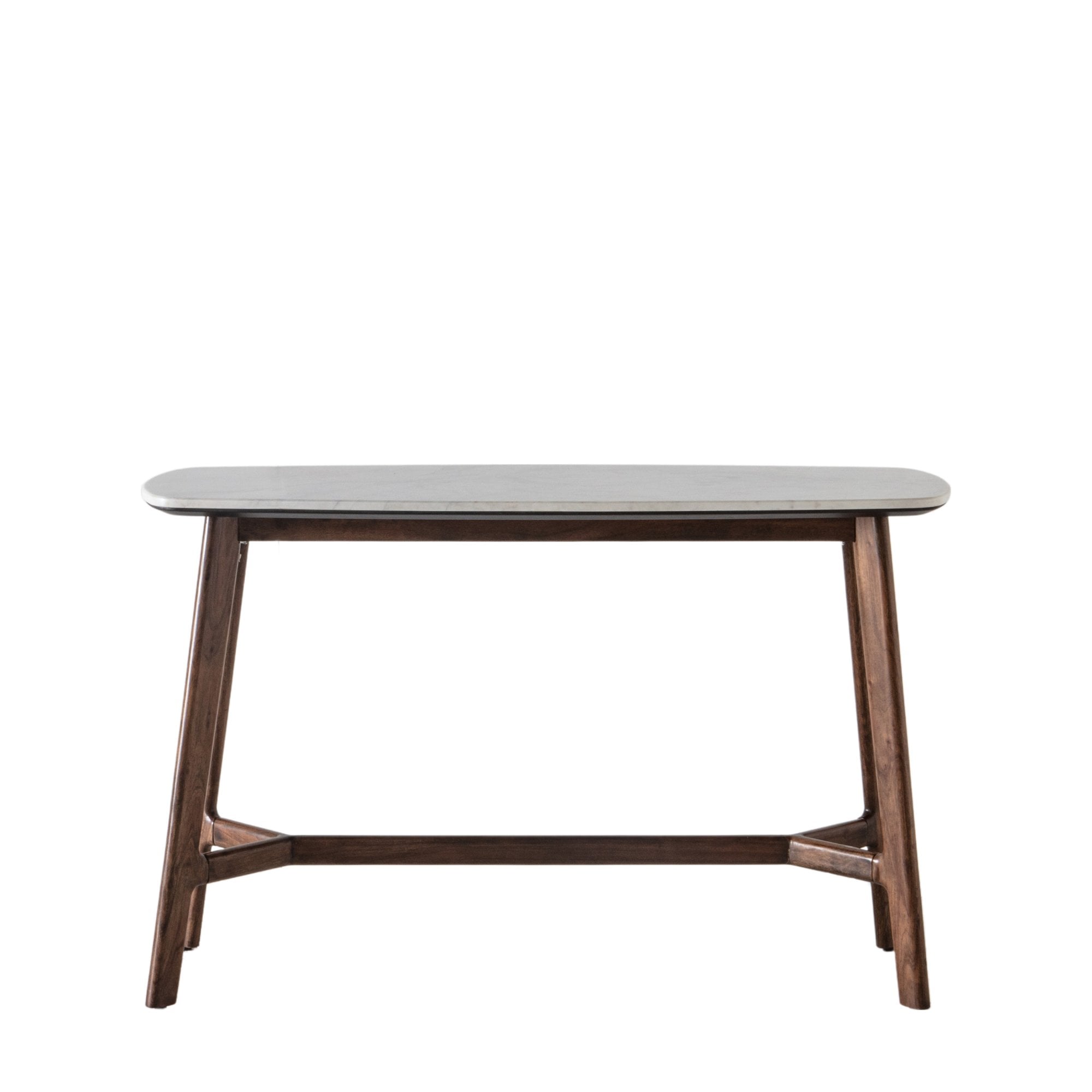 A console table with a gray marble top and dark wooden legs.
