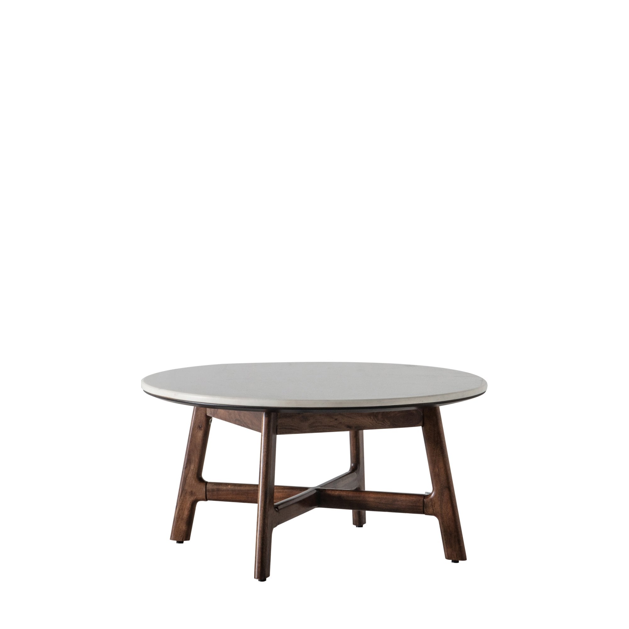 A round coffee table with a white marble top and dark wood legs on a white background.