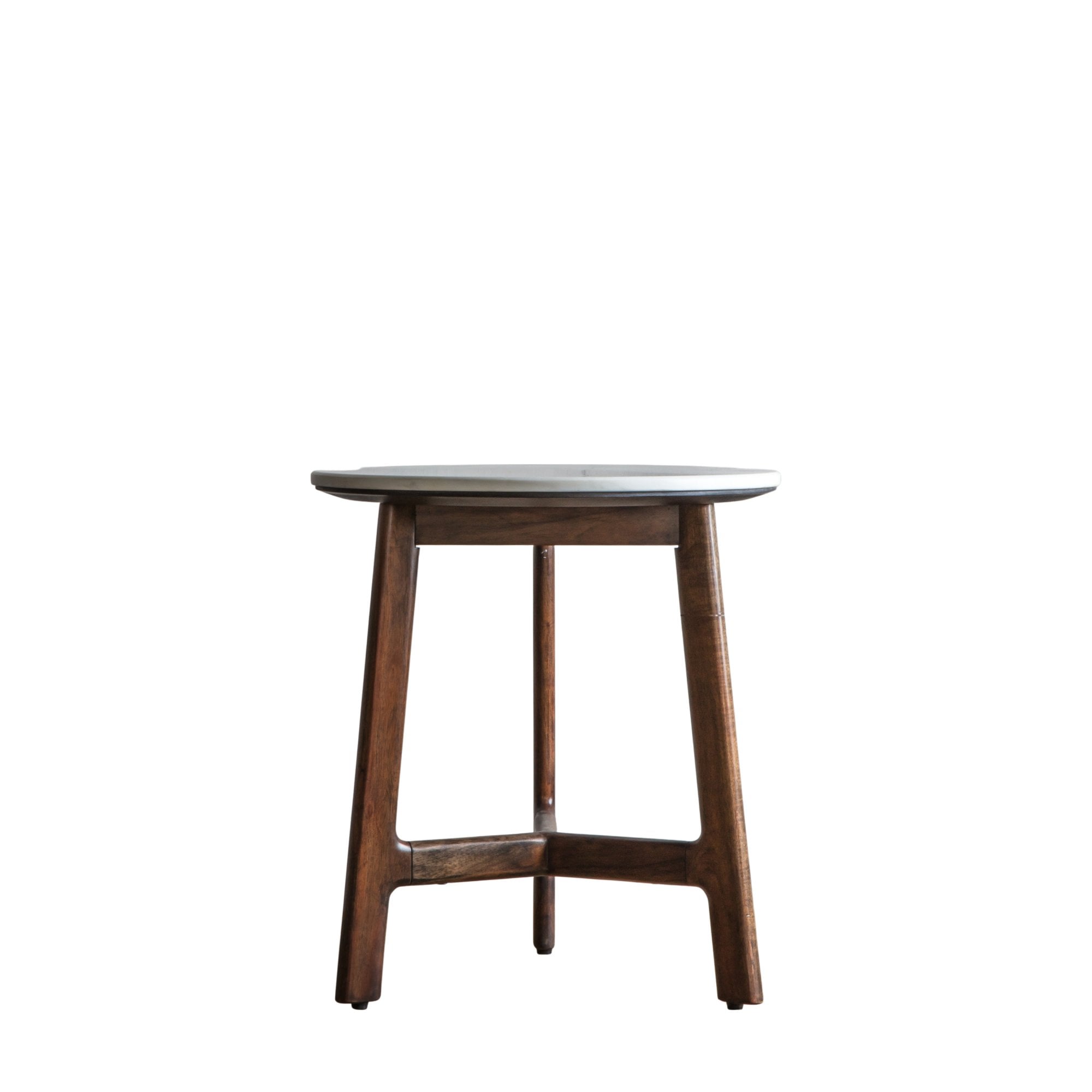 Round side table with white marble top and dark wooden base, on a white background.