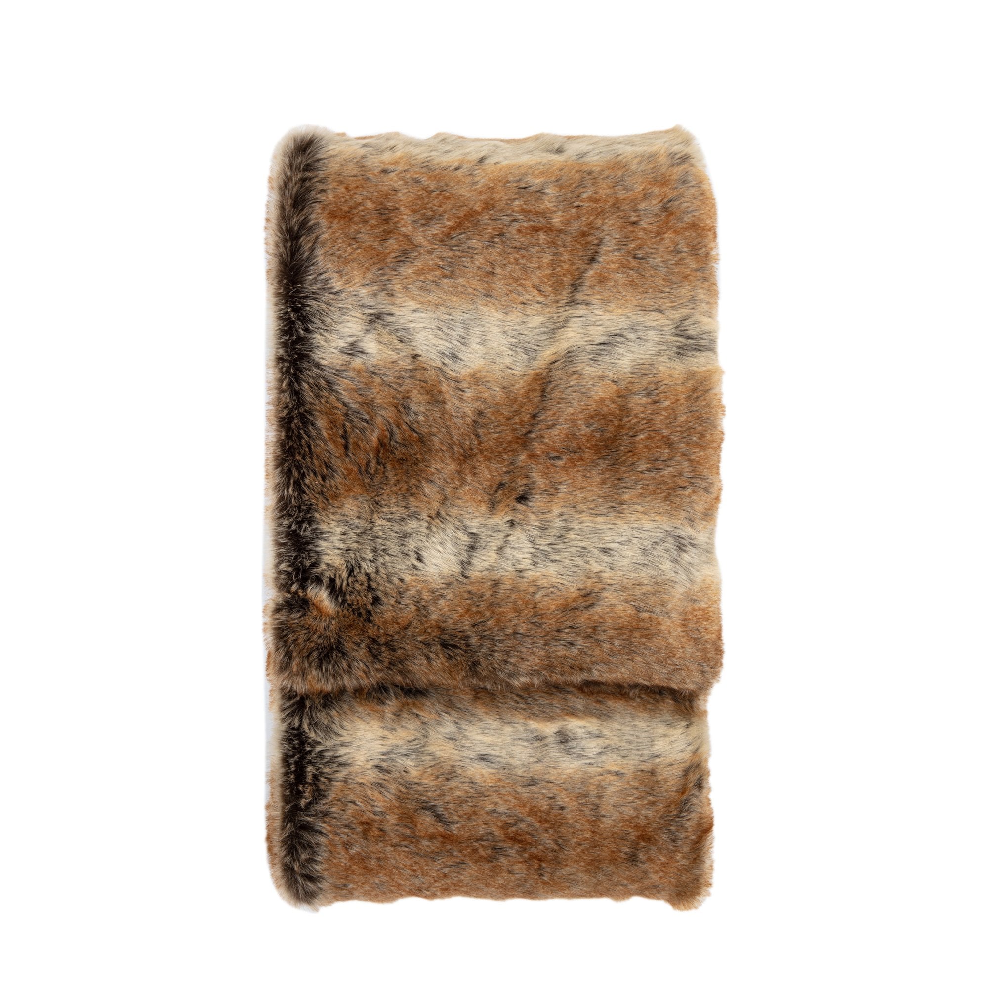 A close-up top-down view of a folded faux fur throw, showcasing its rich brown and cream texture.