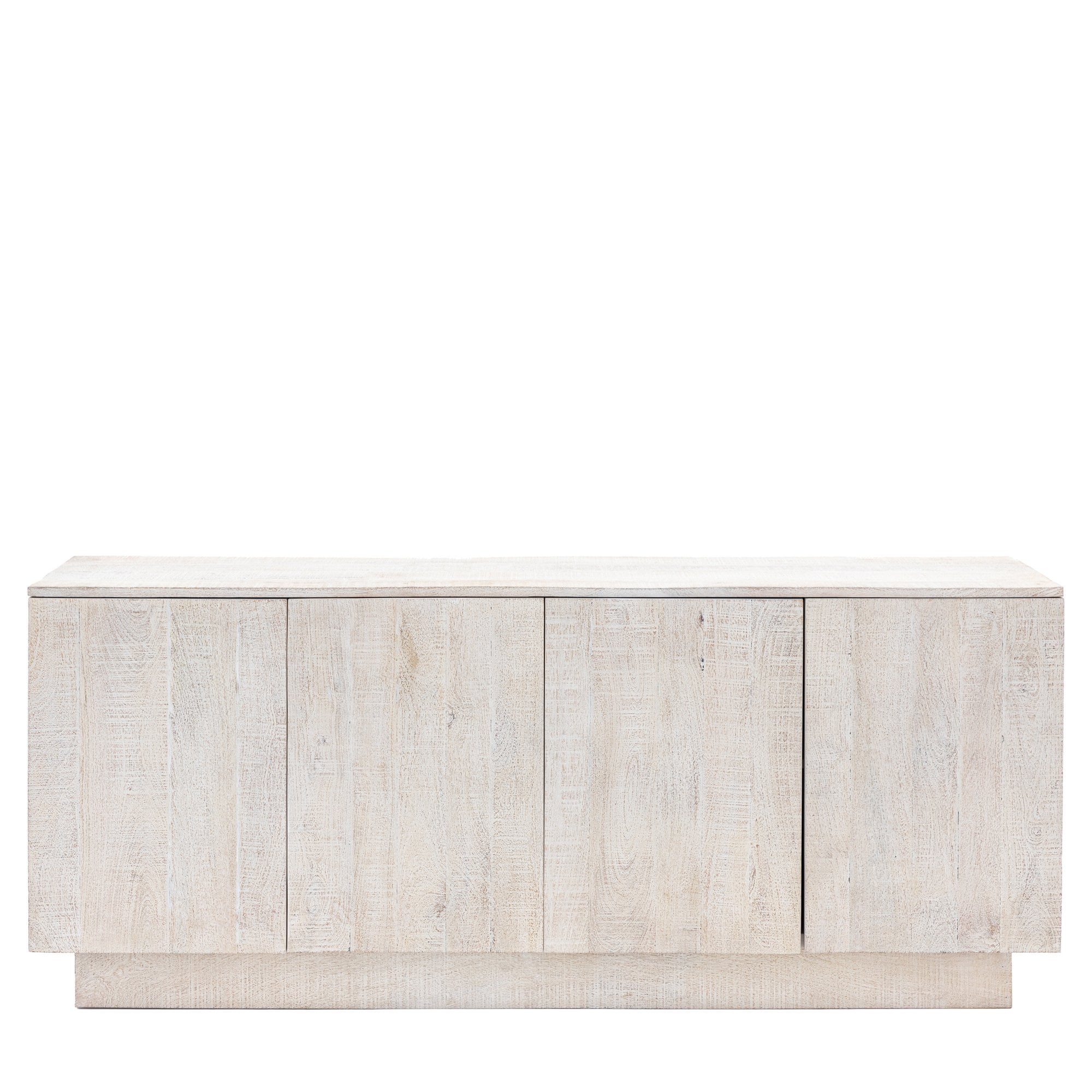 A weathered wood sideboard with four doors, offering a blend of storage and rustic charm.