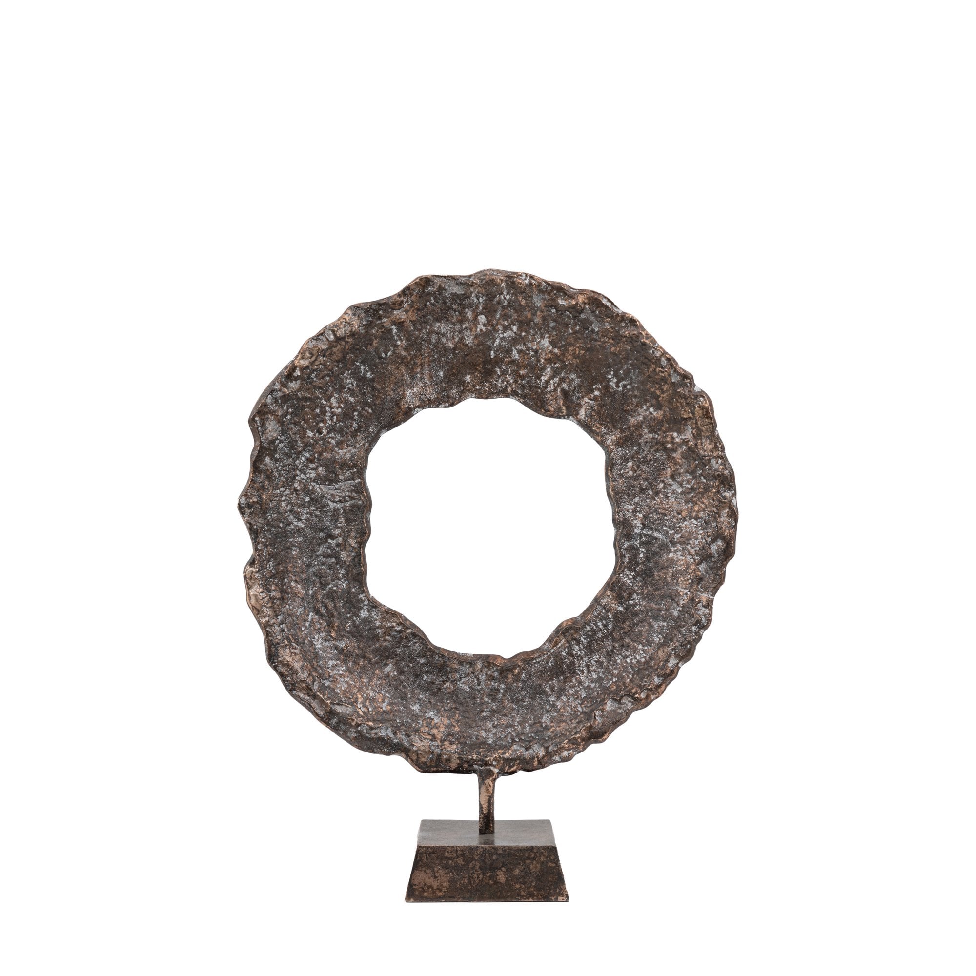 A rustic, bronze-colored metal ring sculpture on a square base against a white background.