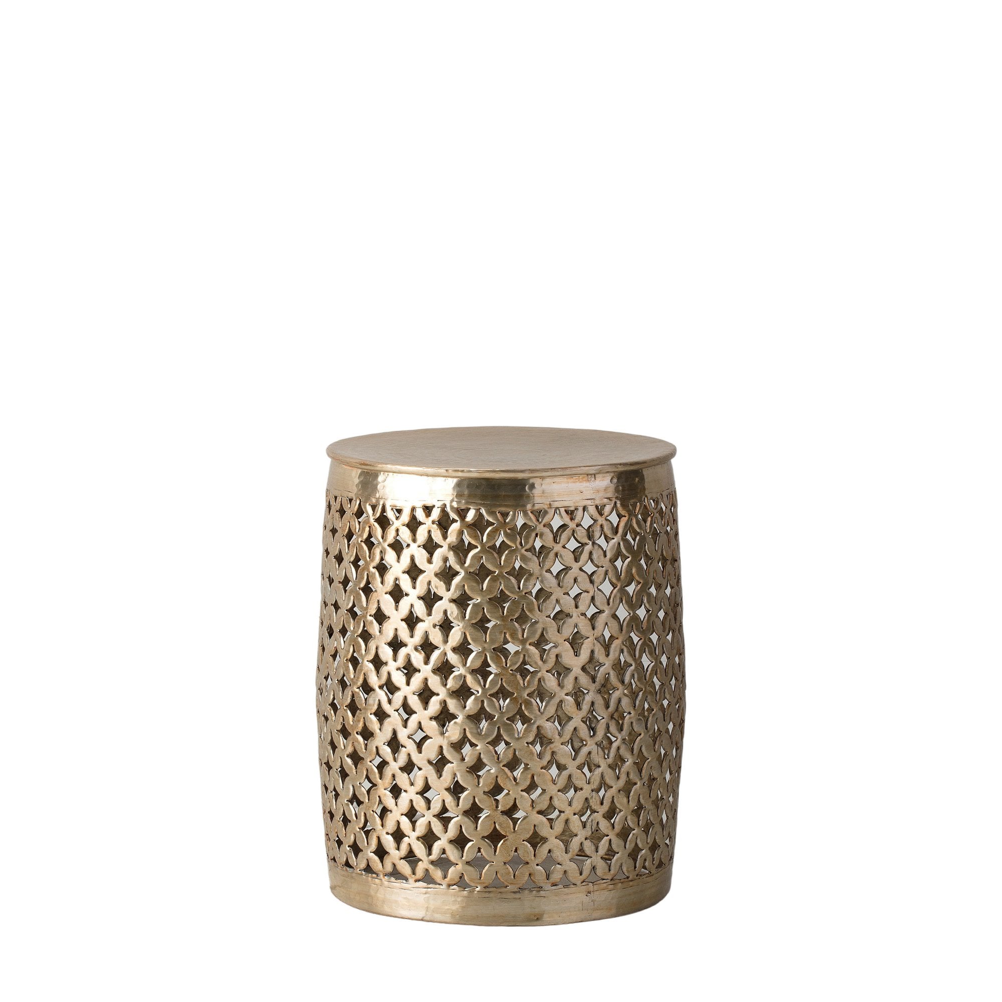 A round, metallic gold drum-shaped side table with a diamond-patterned cut-out design.