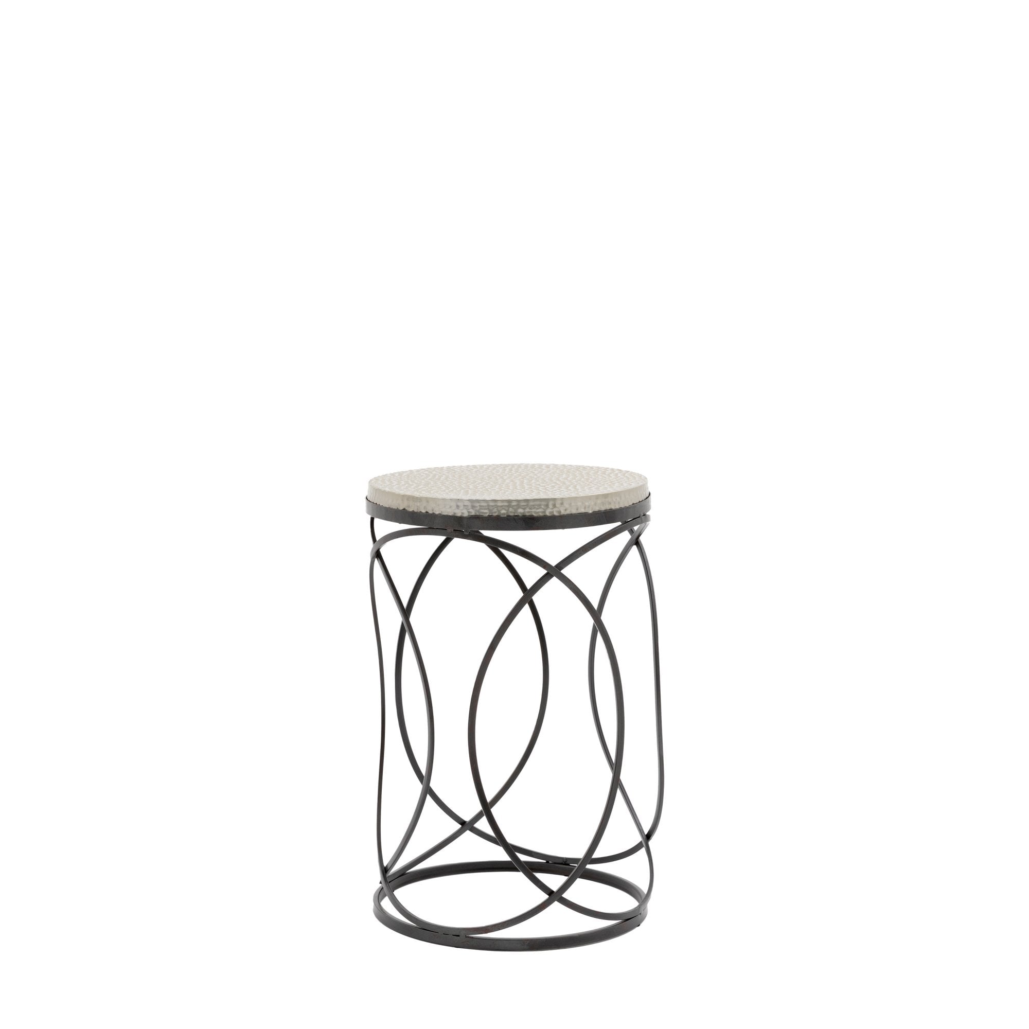 Round side table with a hammered metal top and black metal geometric base on a white background.