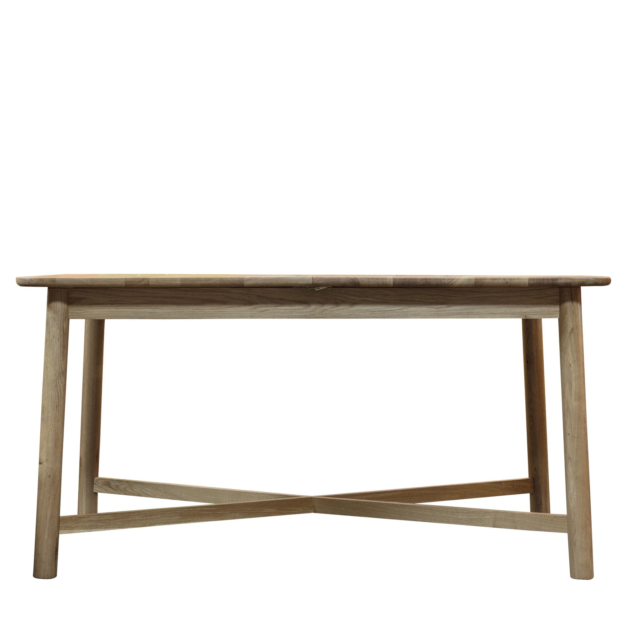 Front view of a rectangular light wood dining table with an X-shaped base.