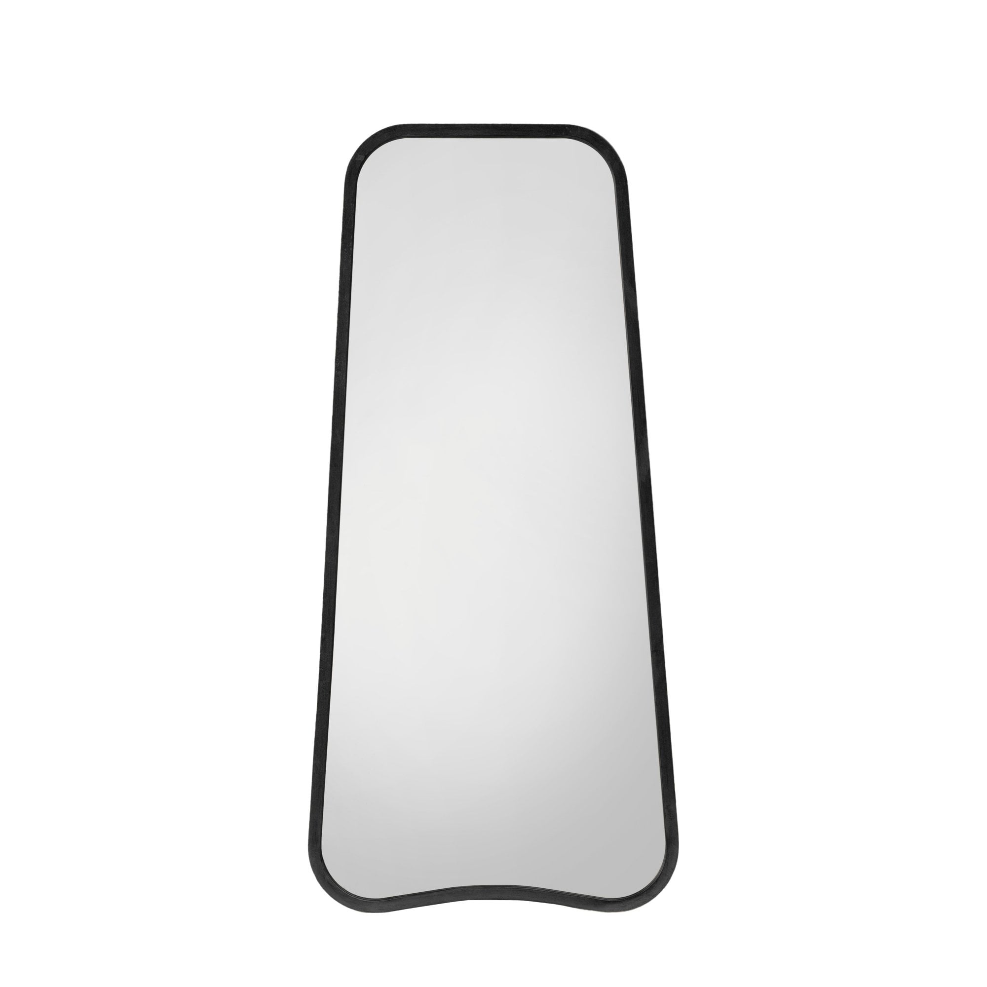 Full length mirror with a dark, rounded frame, on a white background.
