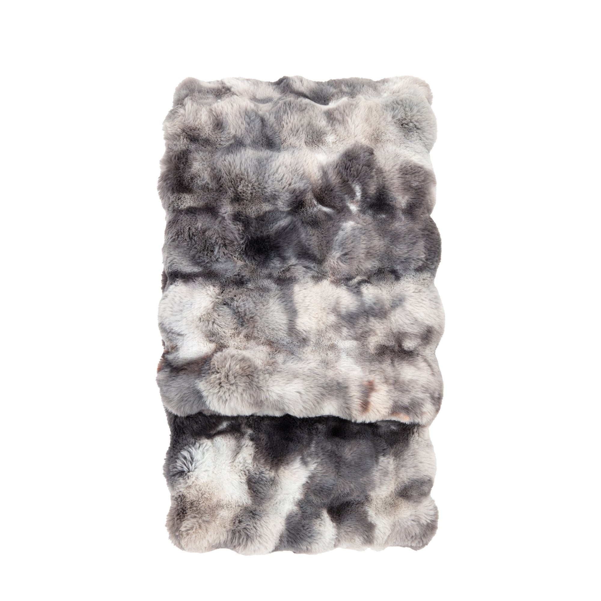 A folded gray and white faux fur blanket, showcasing its plush texture.