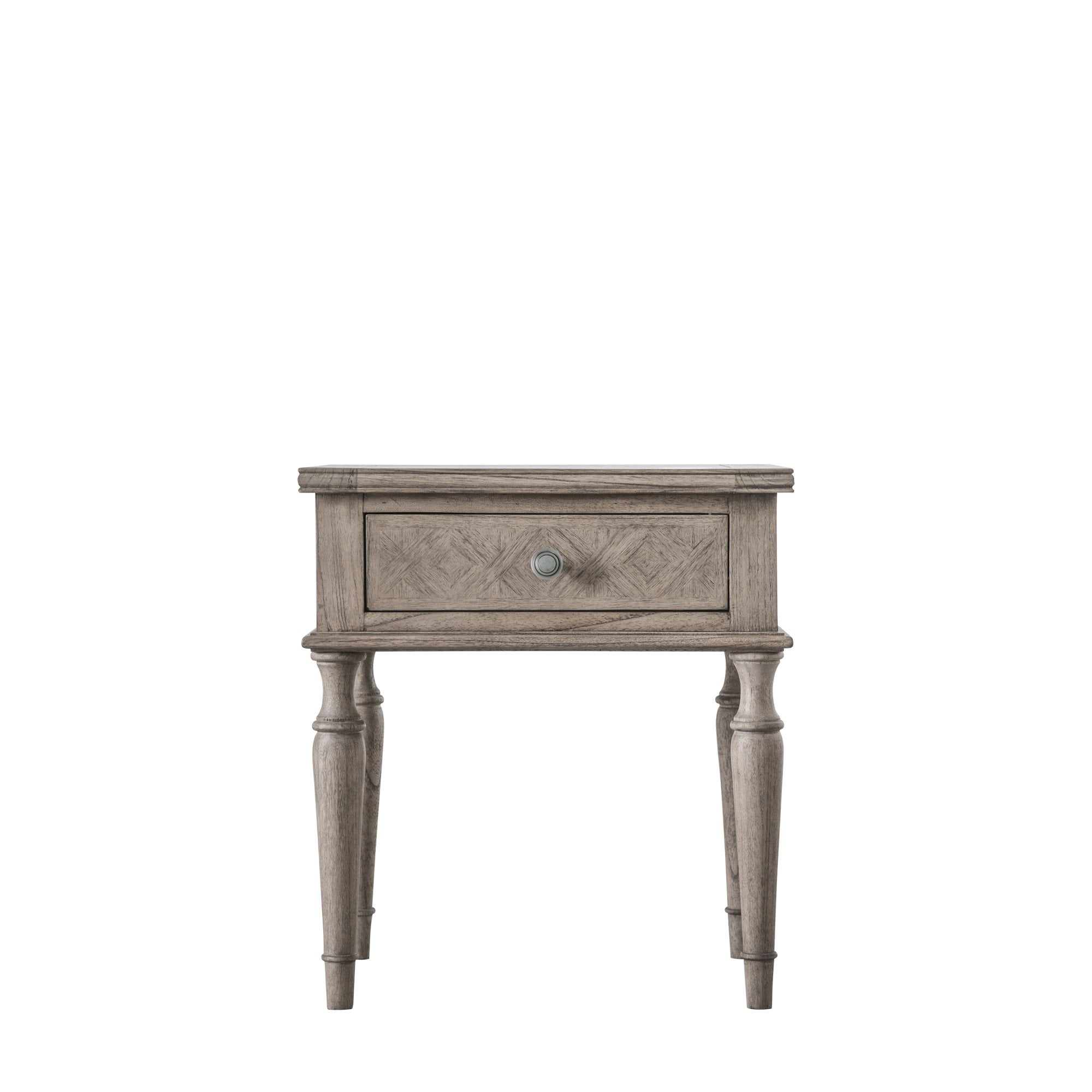 Front view of a distressed grey bedside table with one drawer and turned legs on white background.