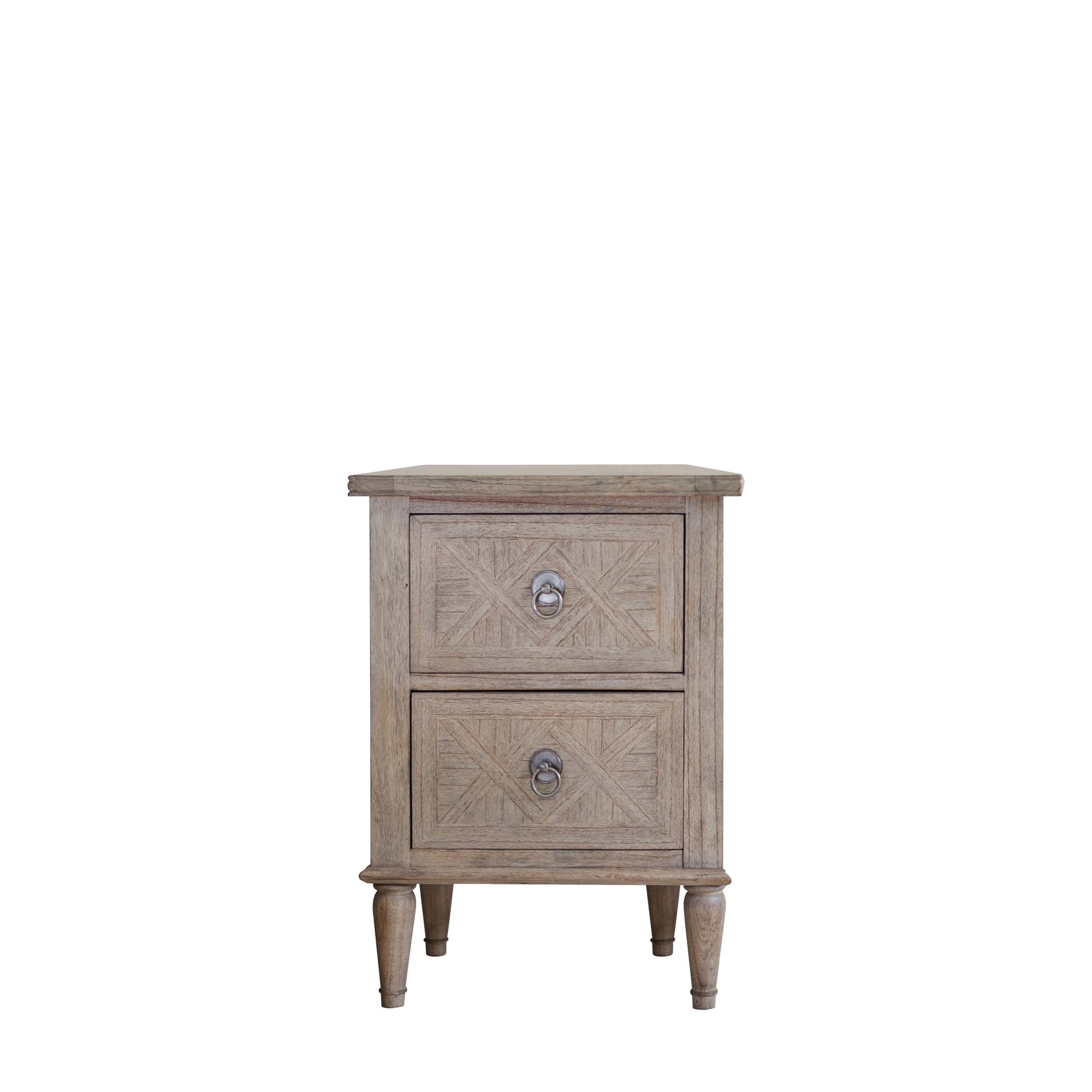 A rustic wooden bedside table with two drawers and decorative pulls on a white background.