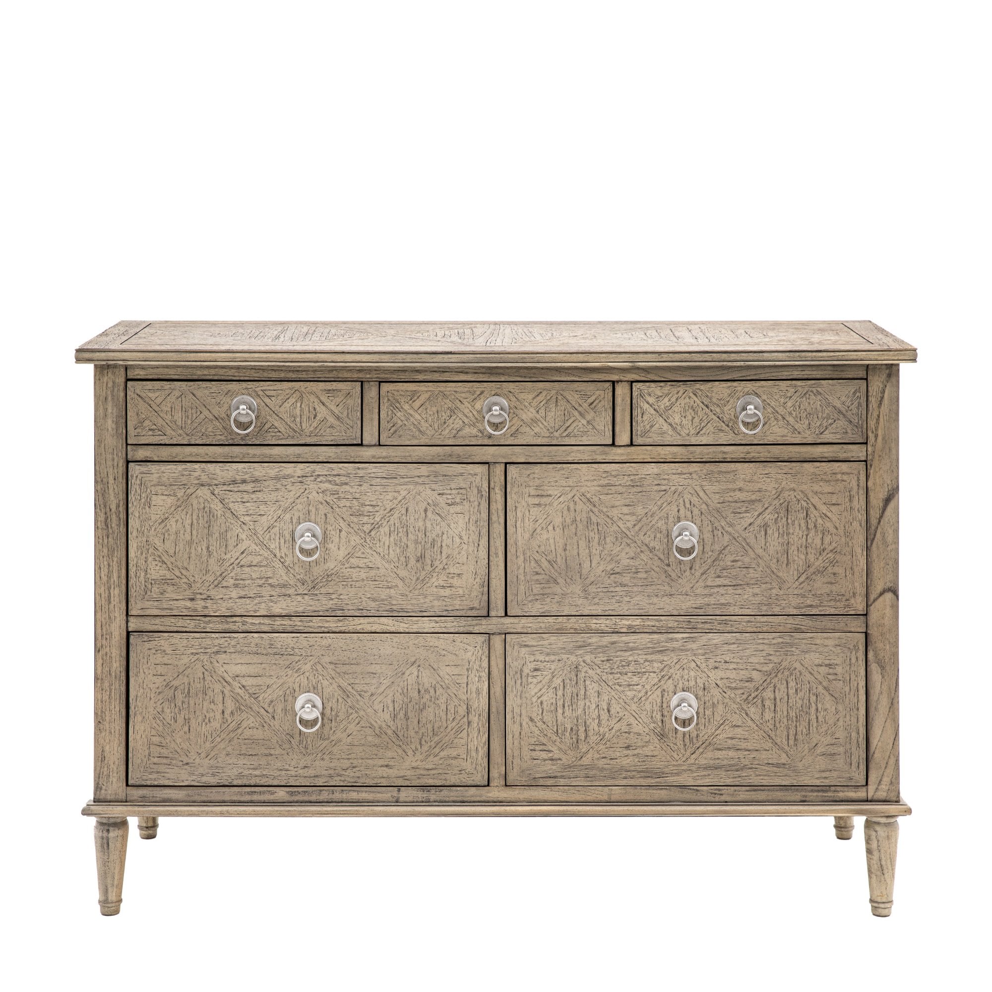 Front view of a seven-drawer dresser with a light wood finish.