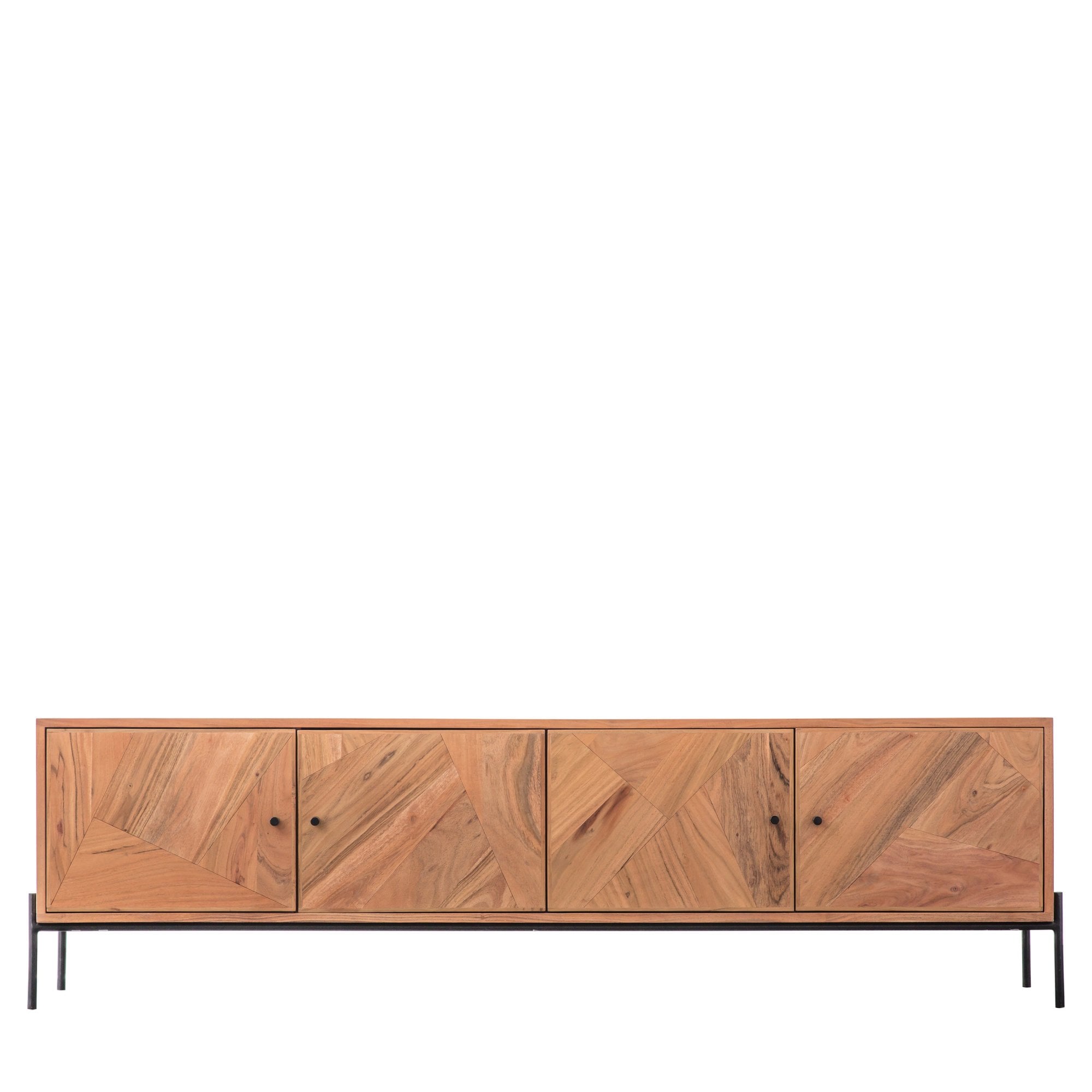A minimalist acacia wood TV stand with unique geometric patterned doors and thin black legs.
