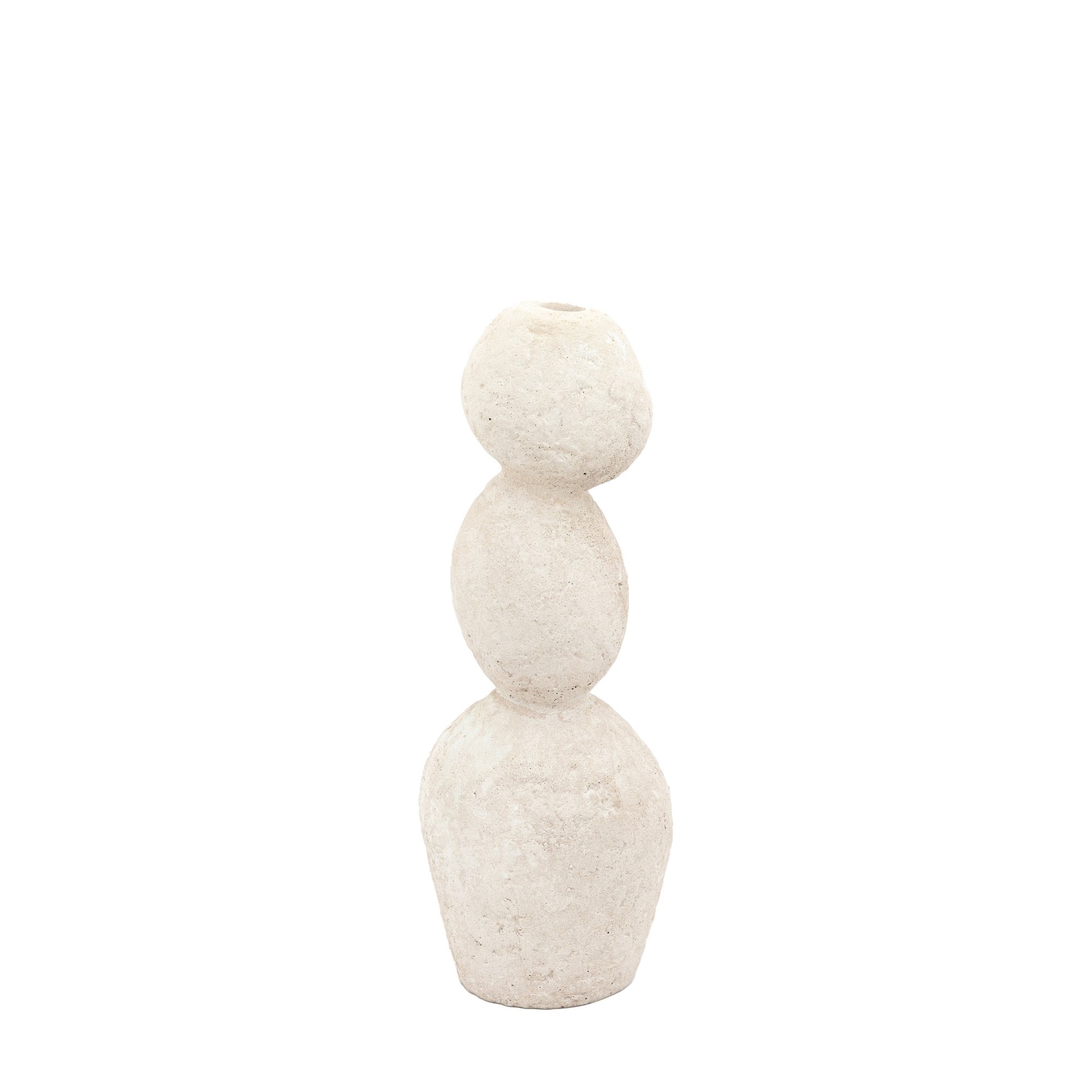 A textured white stacked stone vase against a plain white background.