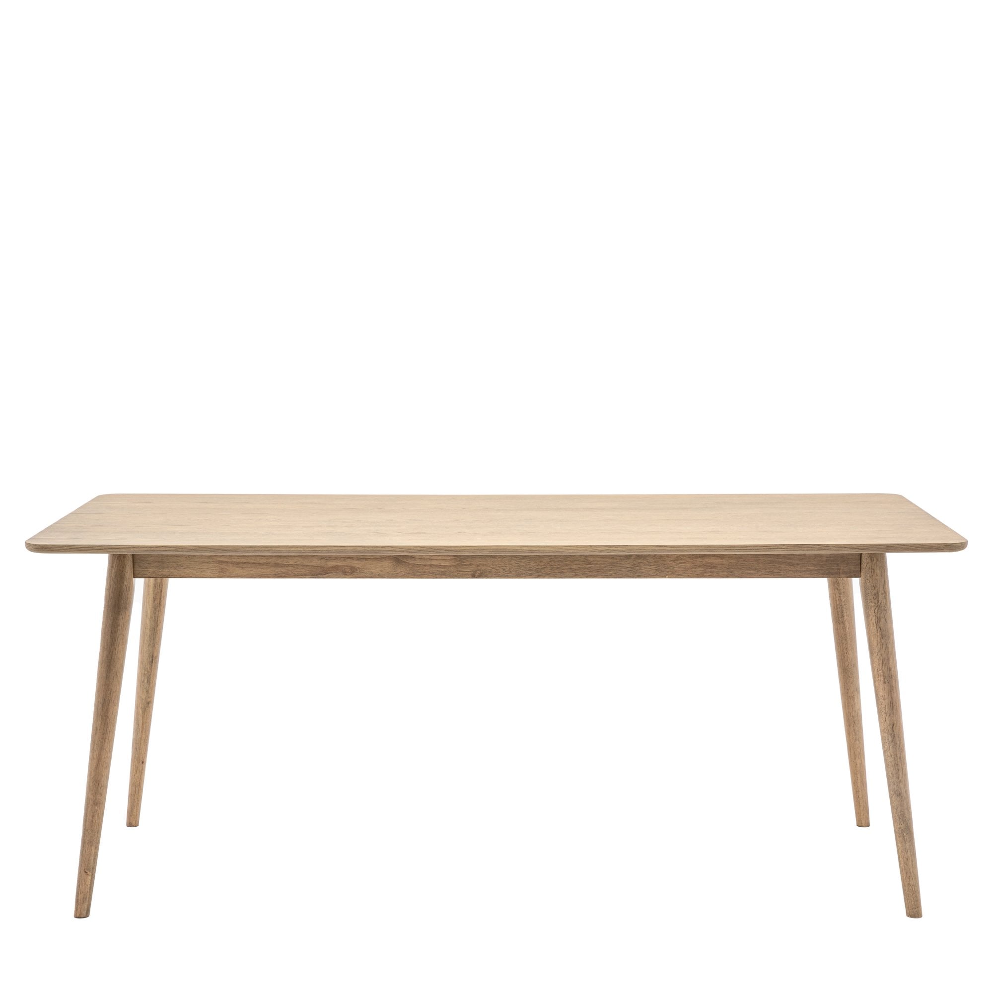 A light wood dining table with tapered legs on a white background.