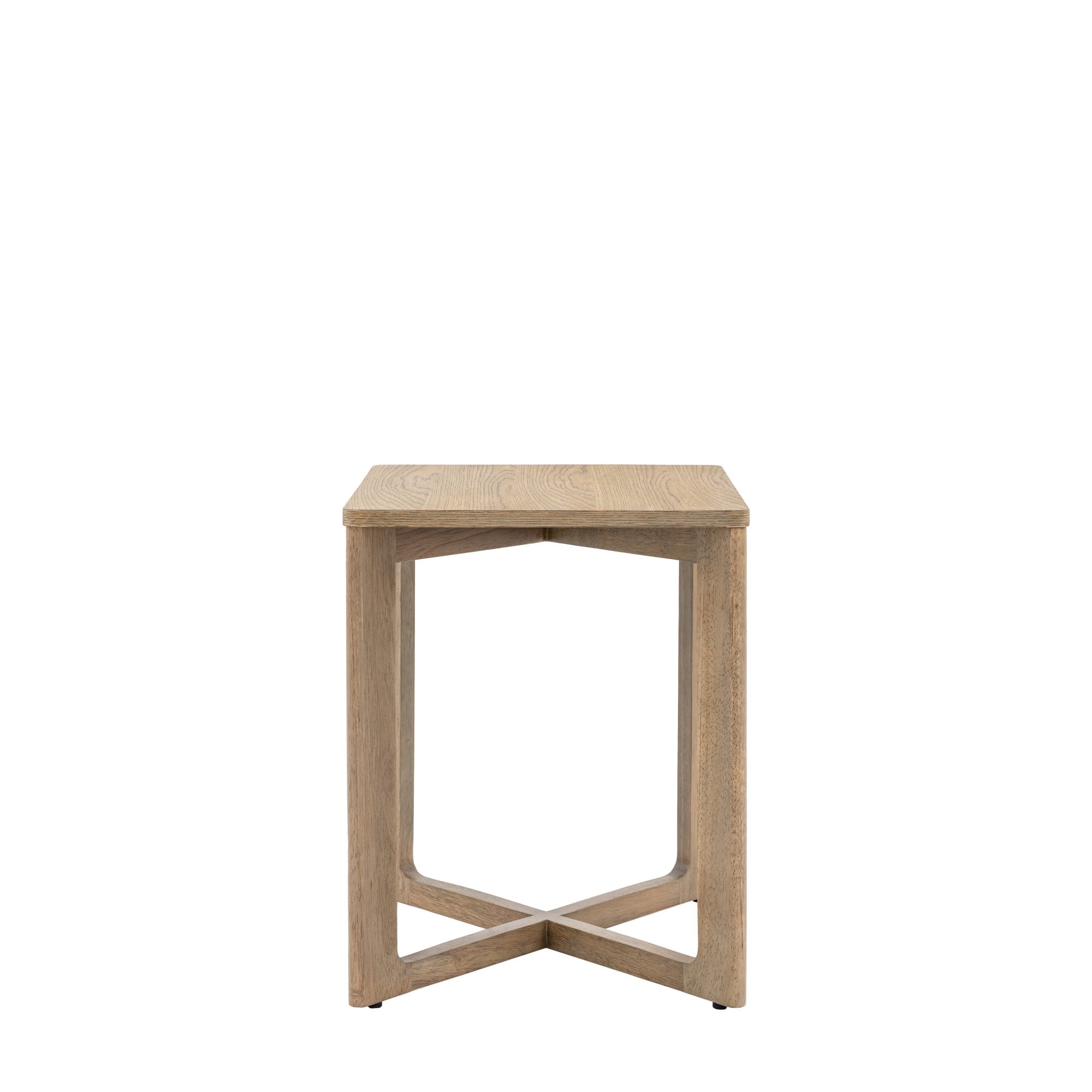 Front view of a light wooden square side table with a unique cross-shaped base.