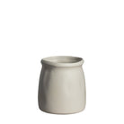 A simple, small, round white vase with a slightly flared rim on a white background.