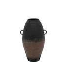 A large, two-toned black and brown vase with handles, on a white background.