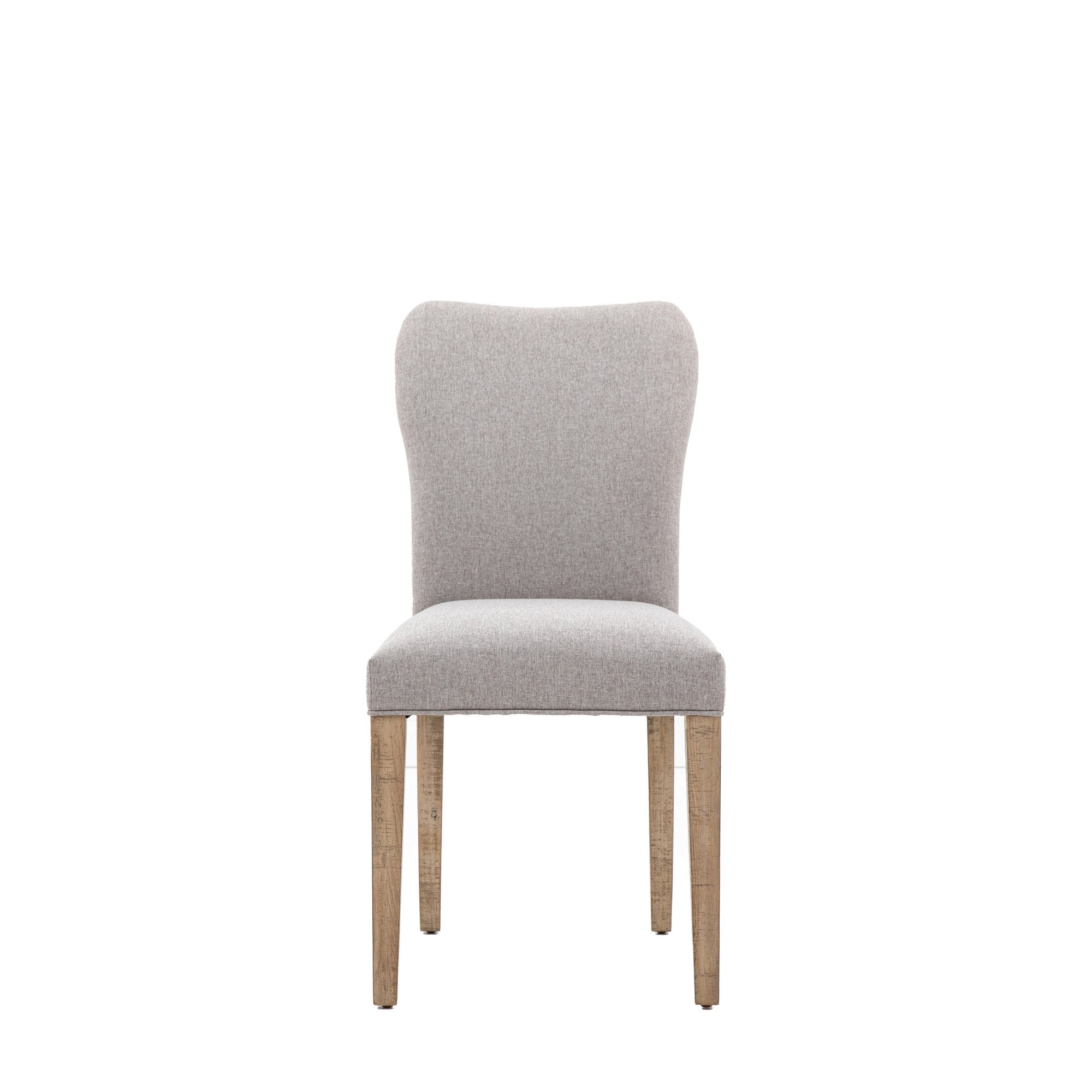 Front view of a single grey fabric upholstered dining chair with light wooden legs.