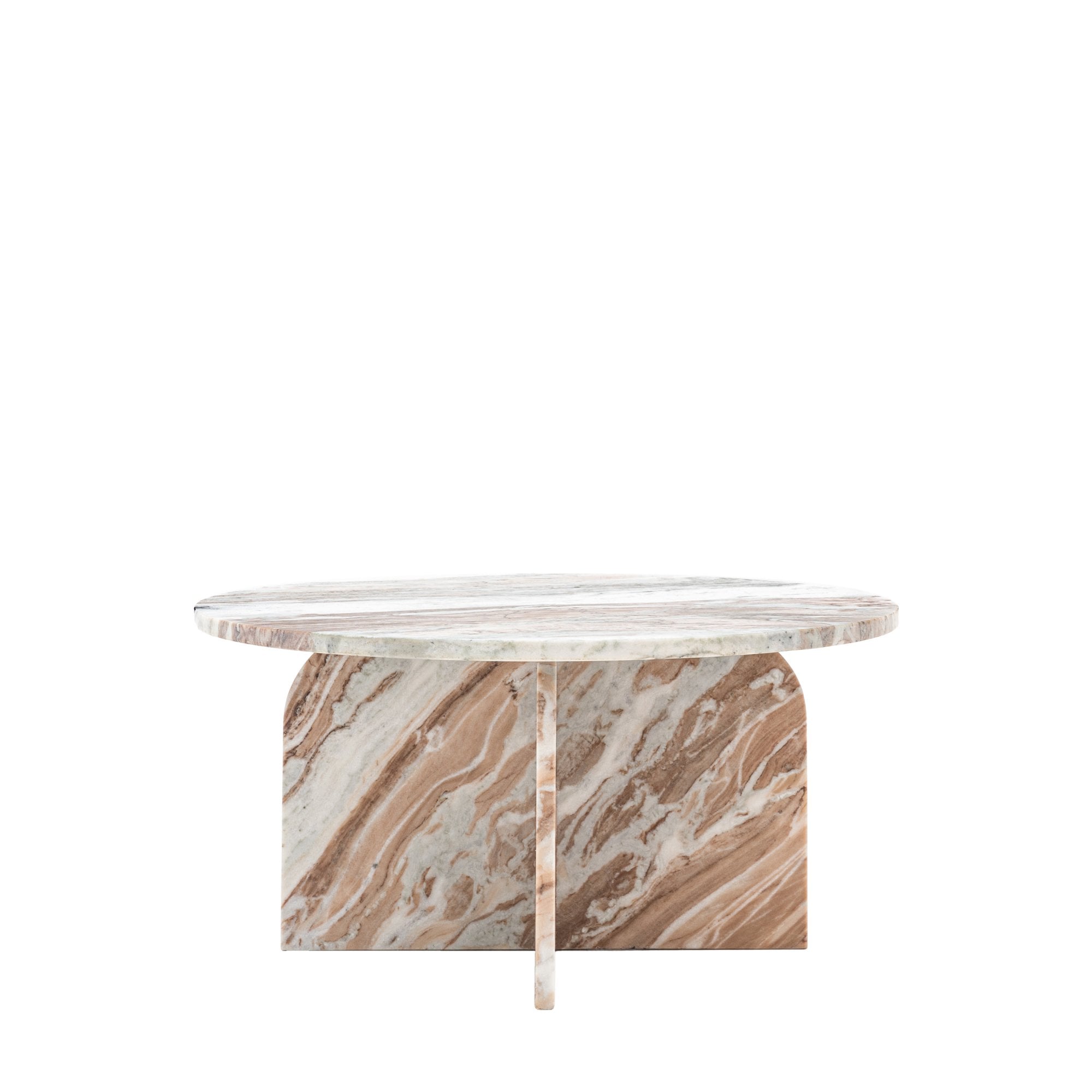 Front view of the round marble coffee table on a white background.