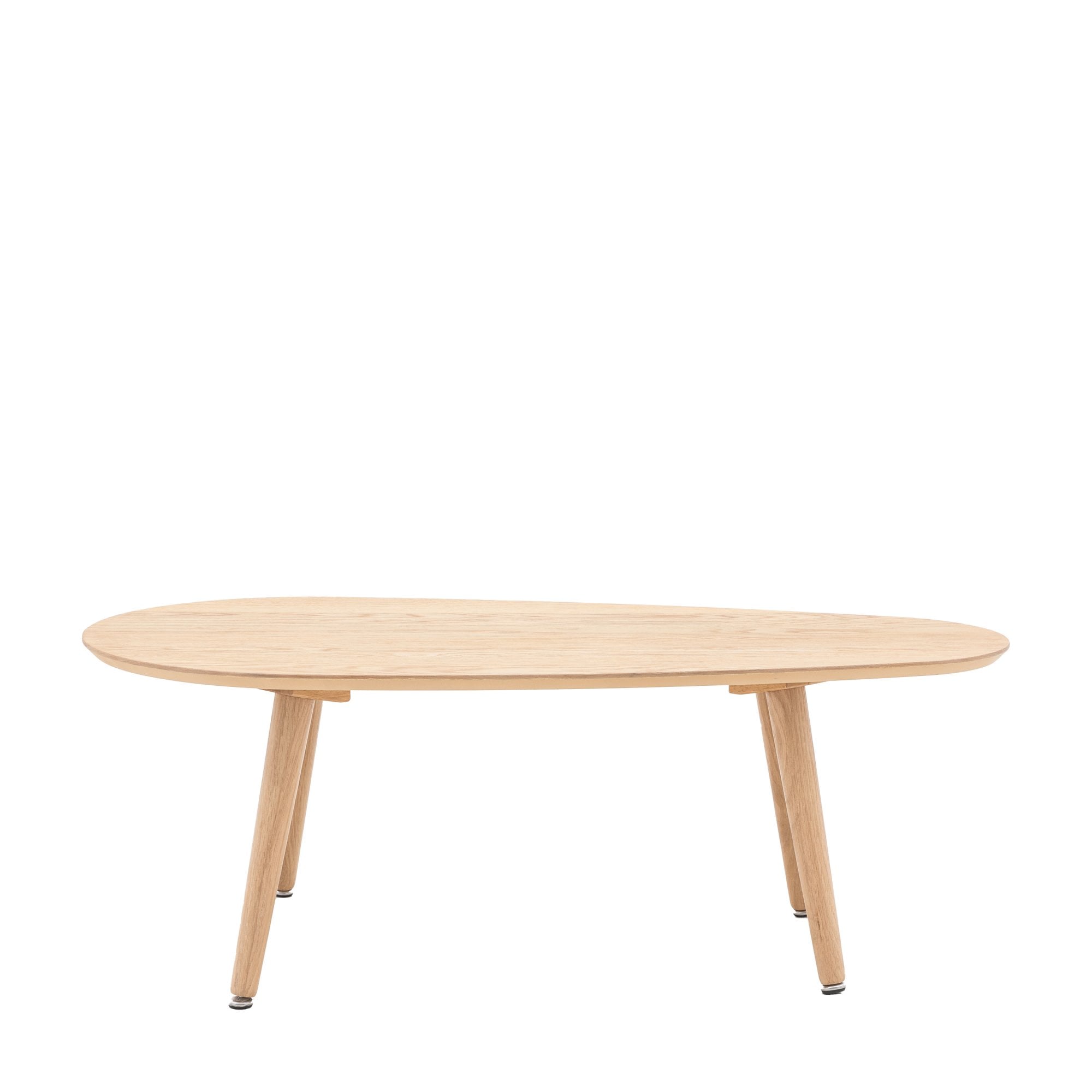 A light wooden coffee table with a unique, rounded, elongated top and four tapered legs.